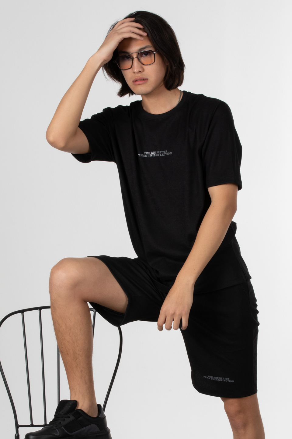 Jakar petekli ön yazı baskılı t-shirt-1016 Siyah