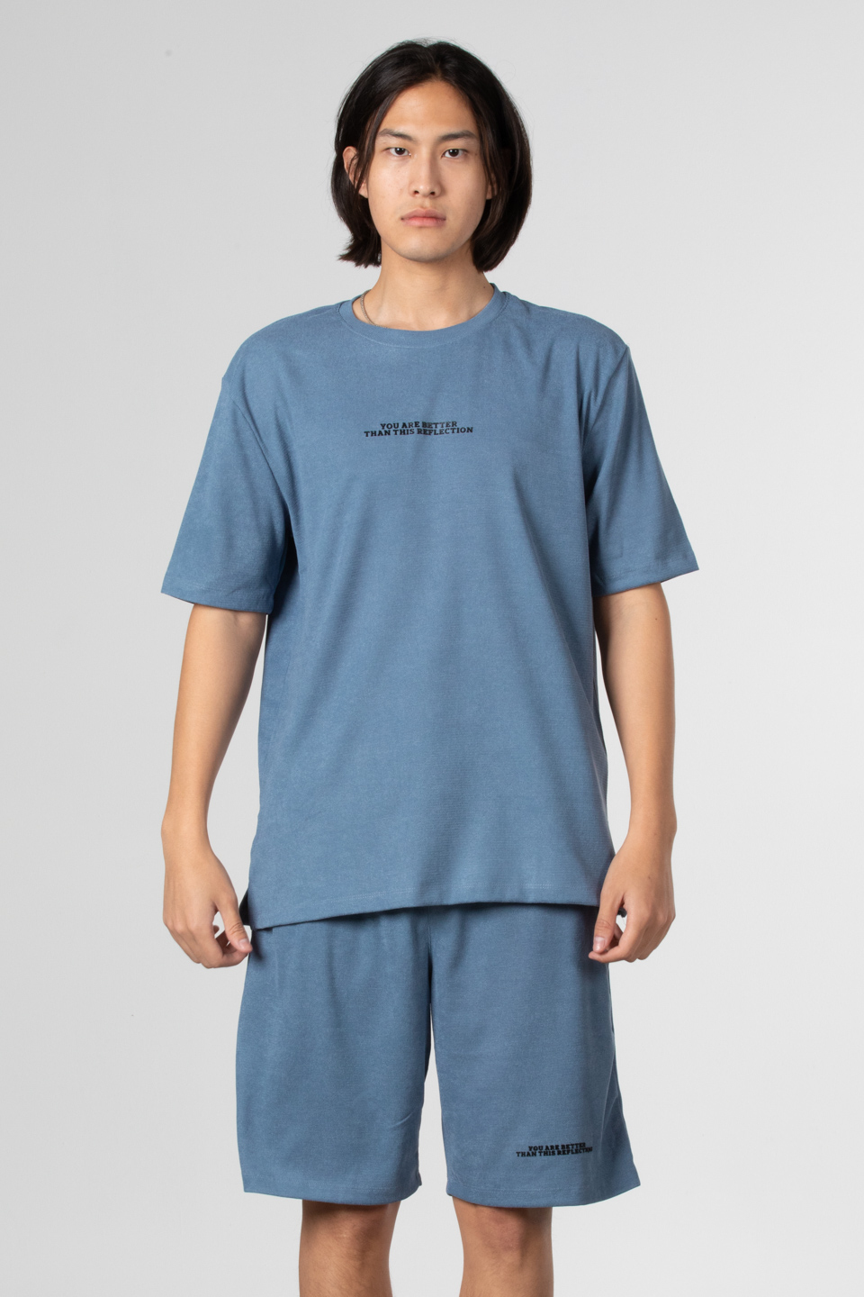 Jakar petekli ön yazı baskılı t-shirt-1016 İndigo