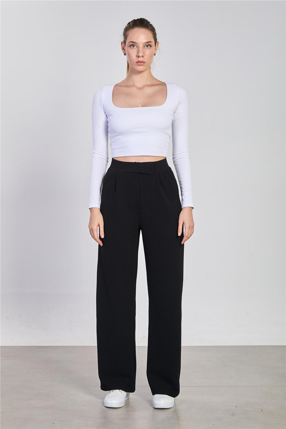 Kadın Beli Cırtlı Pantolon - Siyah