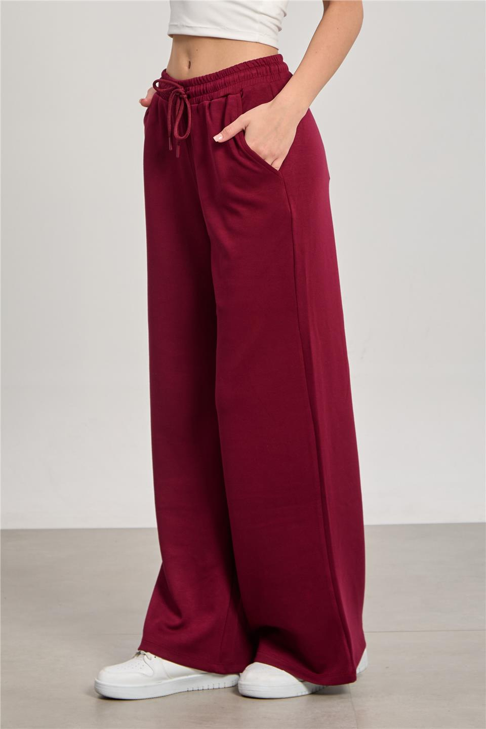 Kadın Beli Lastikli Modal Bol Paça Pantolon - Bordo