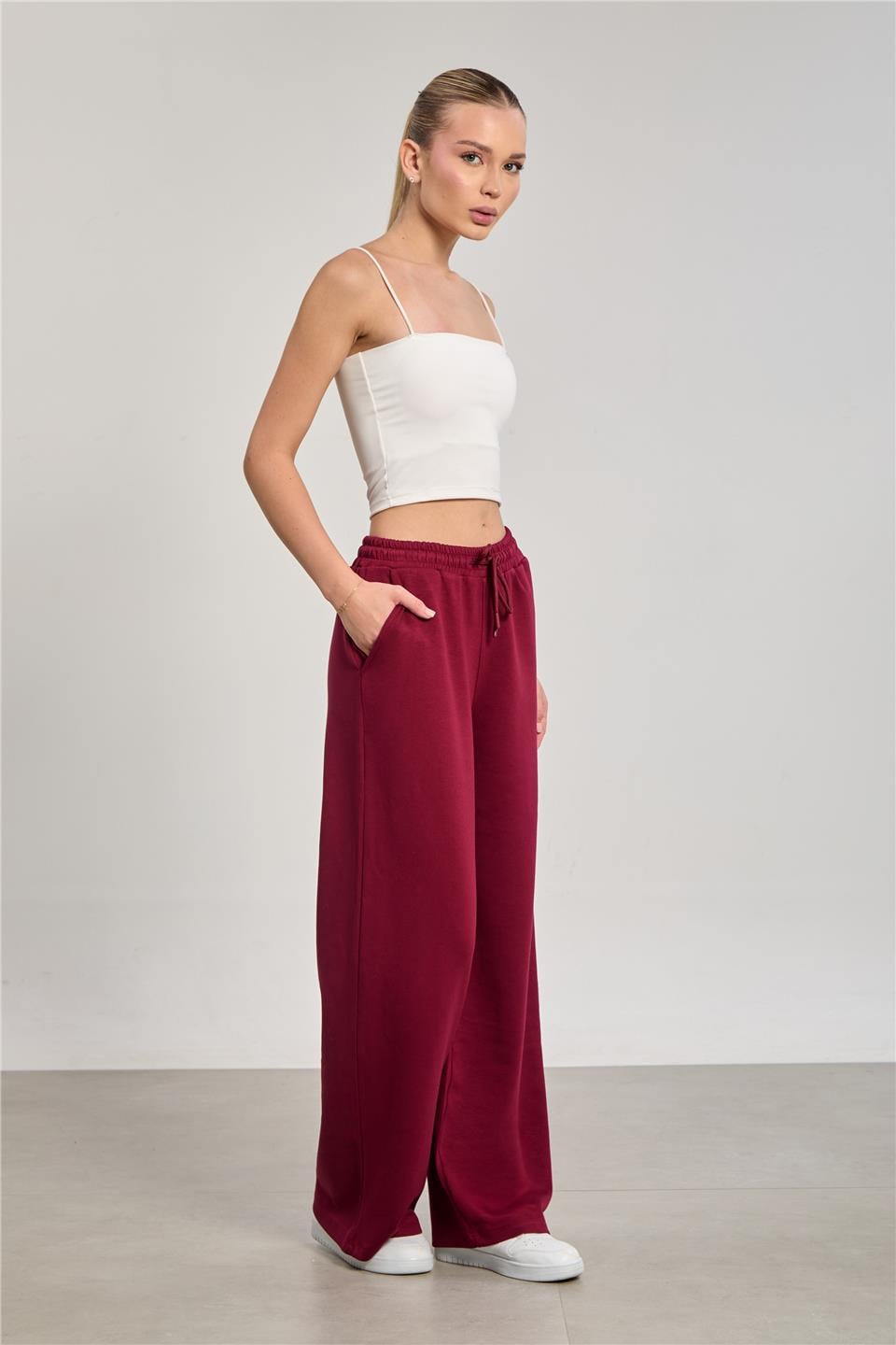 Kadın Beli Lastikli Modal Bol Paça Pantolon - Bordo
