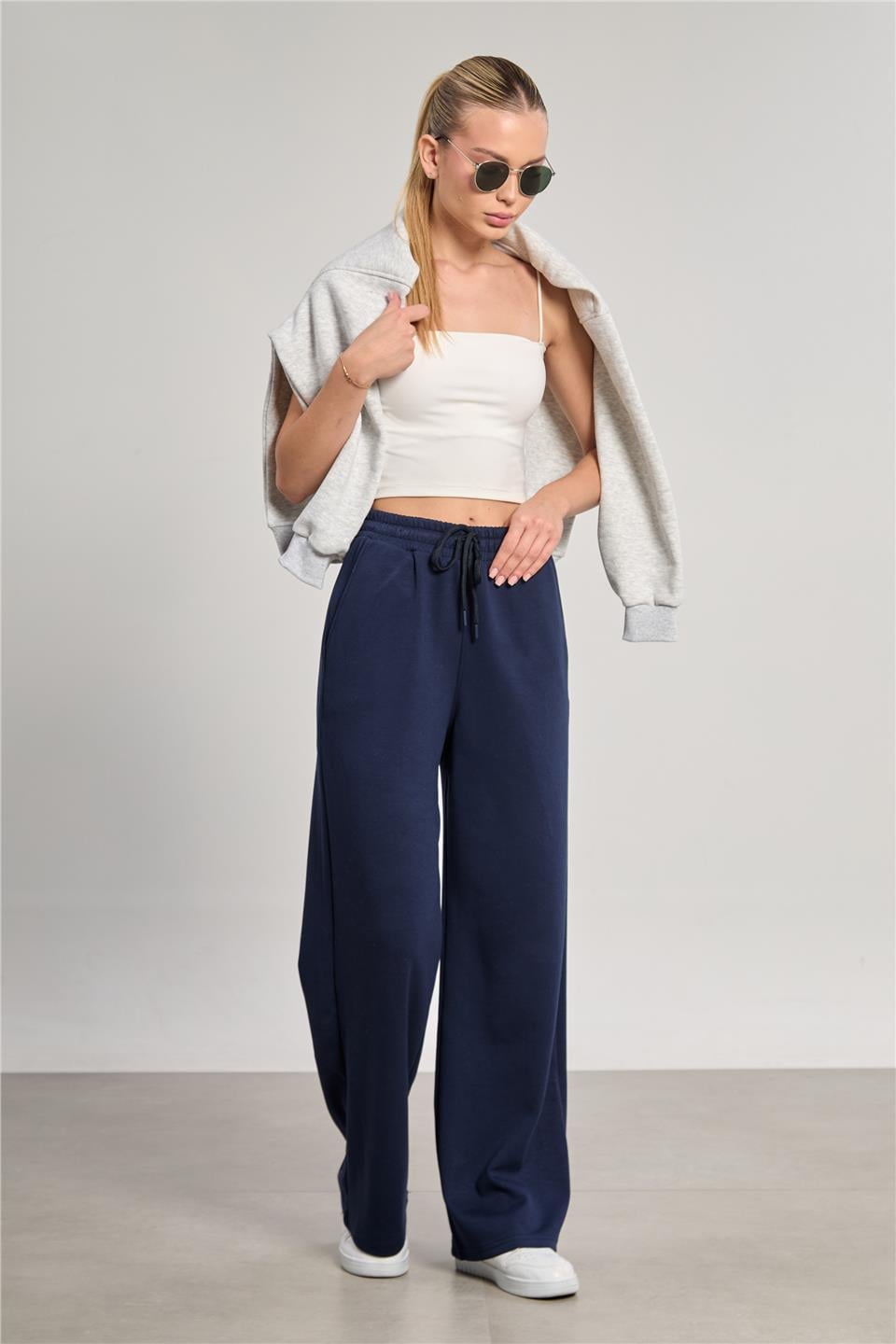 Kadın Beli Lastikli Modal Bol Paça Pantolon - Lacivert