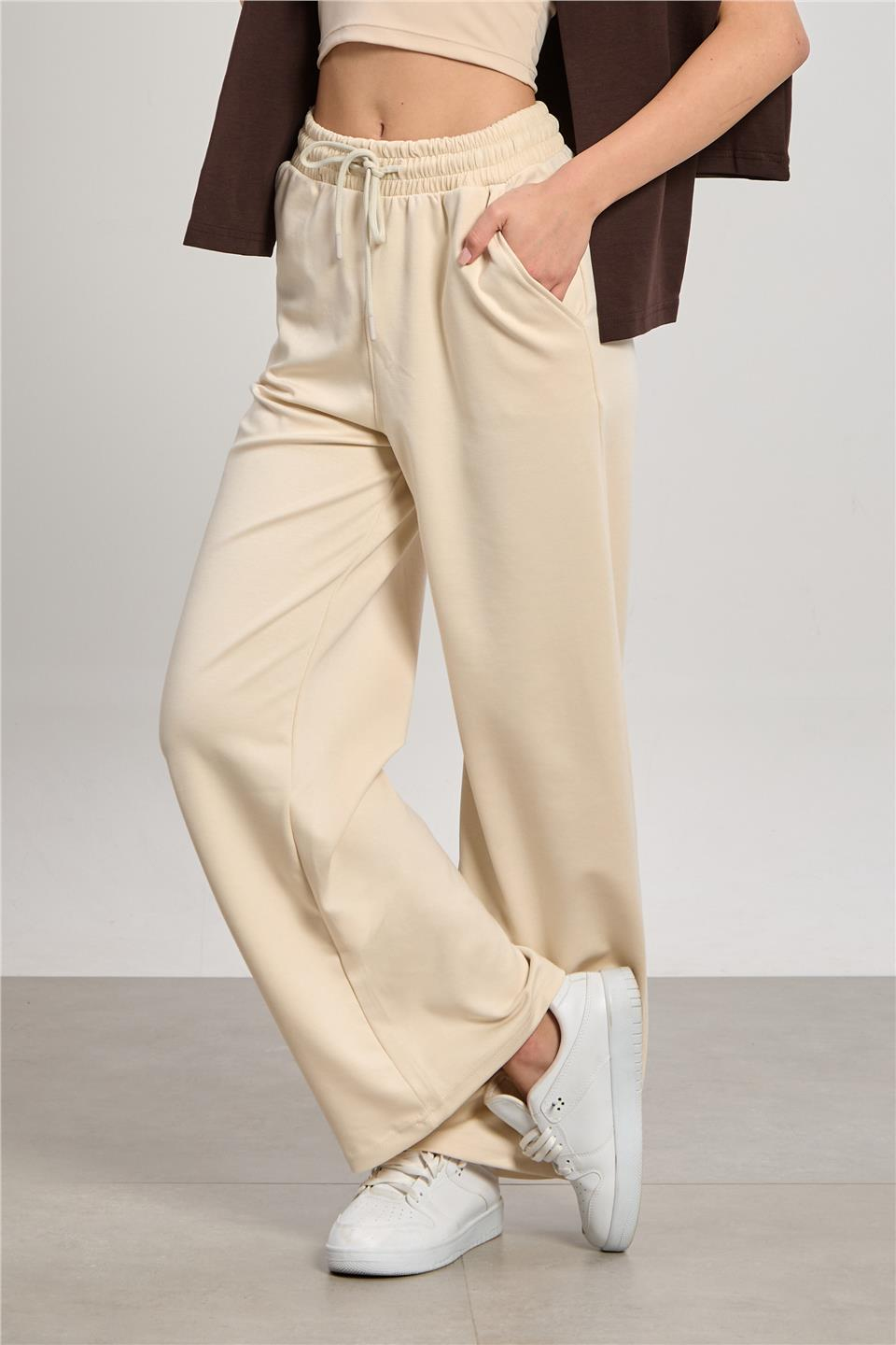 Kadın Beli Lastikli Modal Bol Paça Pantolon - Taş Rengi