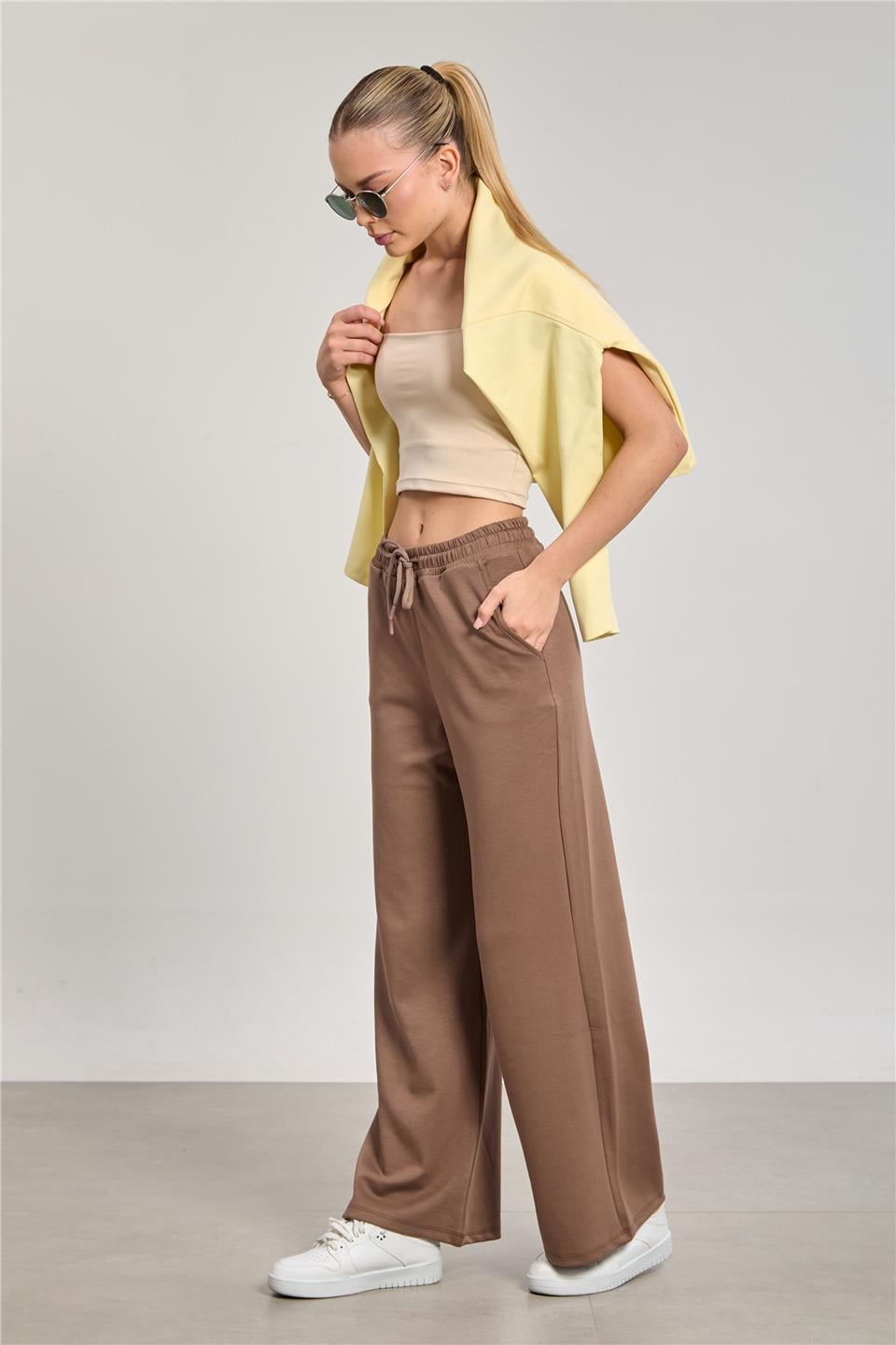 Kadın Beli Lastikli Modal Bol Paça Pantolon - Kahve