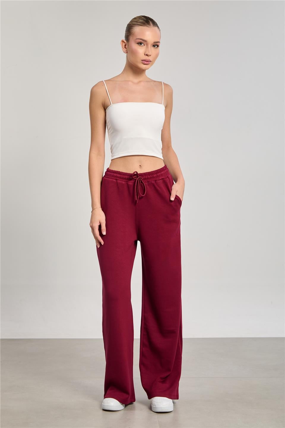 Kadın Beli Lastikli Modal Bol Paça Pantolon - Bordo