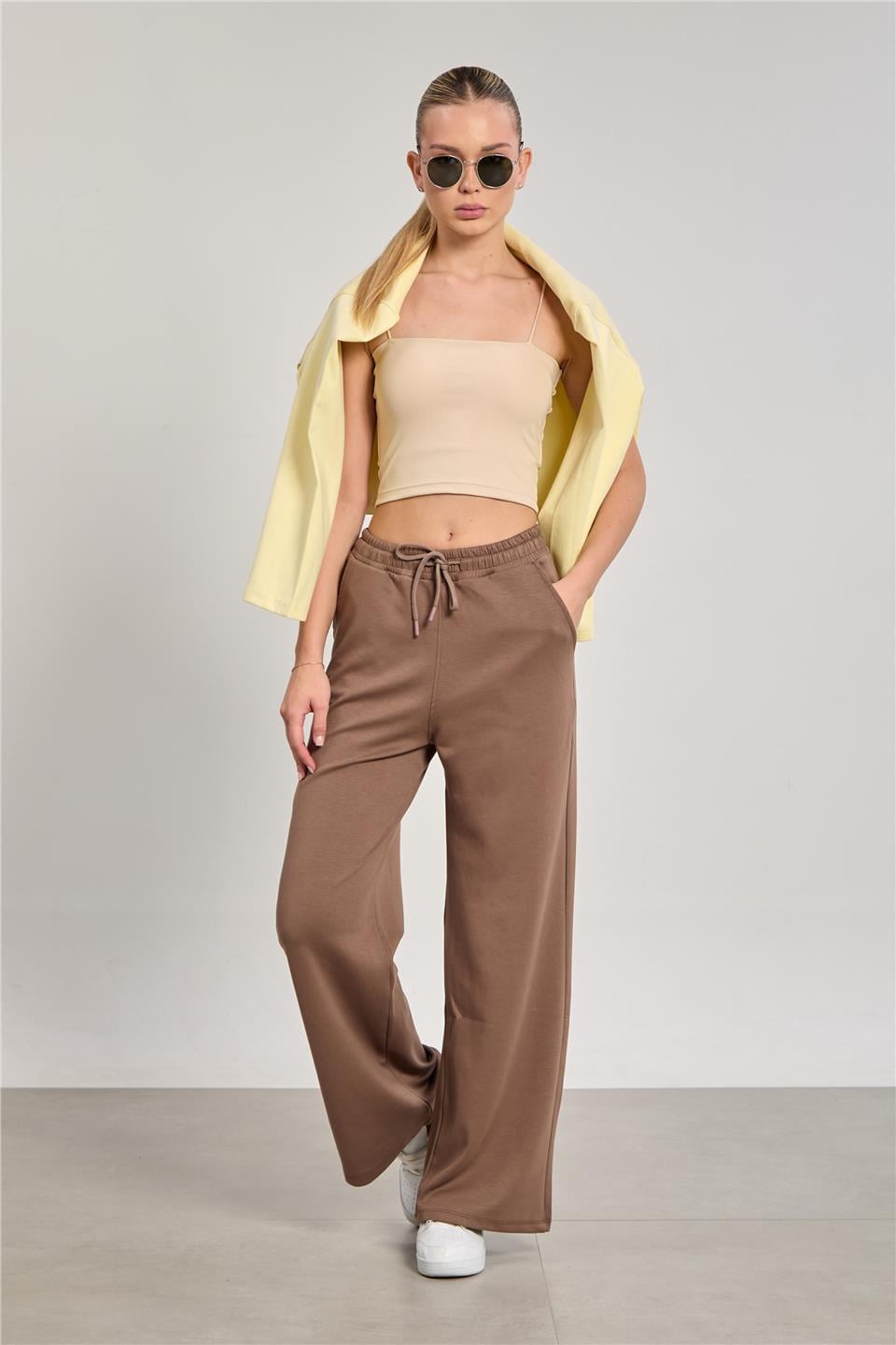 Kadın Beli Lastikli Modal Bol Paça Pantolon - Kahve