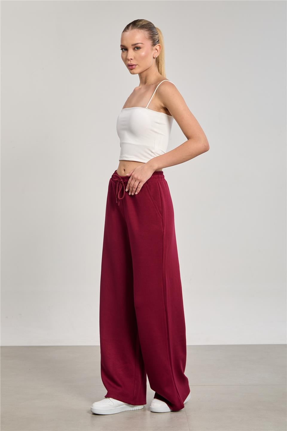 Kadın Beli Lastikli Modal Bol Paça Pantolon - Bordo