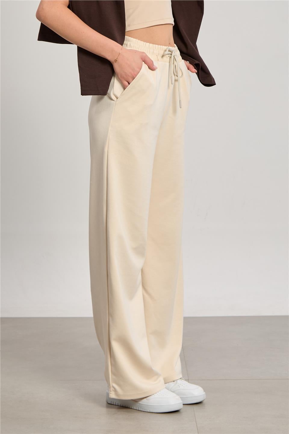 Kadın Beli Lastikli Modal Bol Paça Pantolon - Taş Rengi