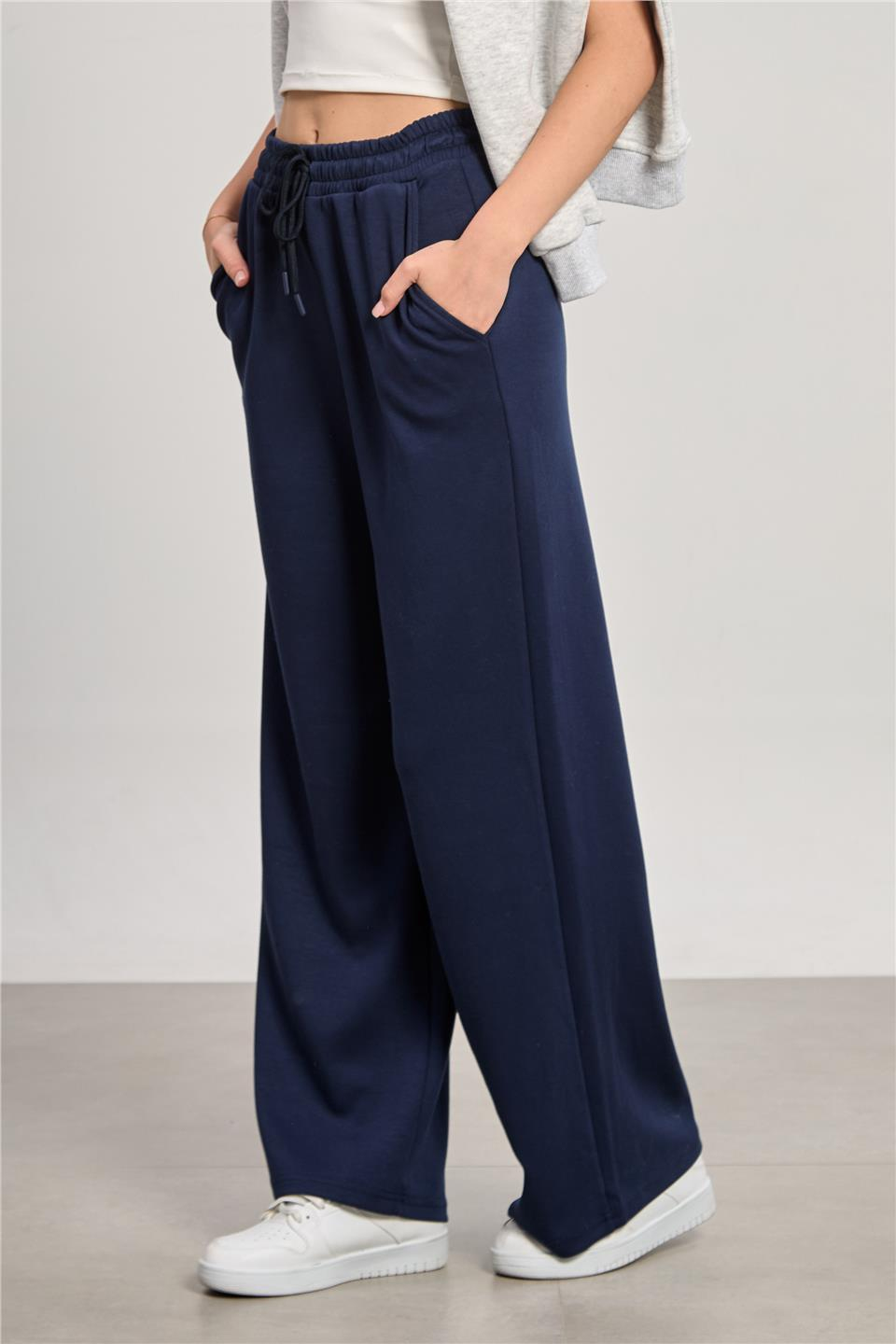 Kadın Beli Lastikli Modal Bol Paça Pantolon - Lacivert