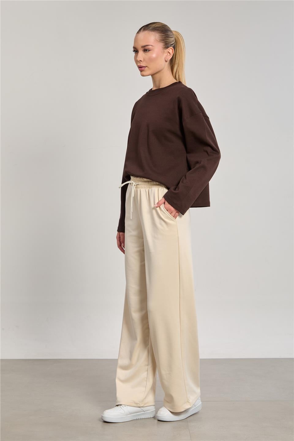 Kadın Beli Lastikli Modal Bol Paça Pantolon - Taş Rengi