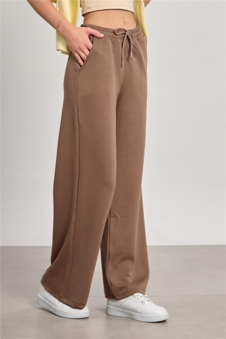 Kadın Beli Lastikli Modal Bol Paça Pantolon - Kahve