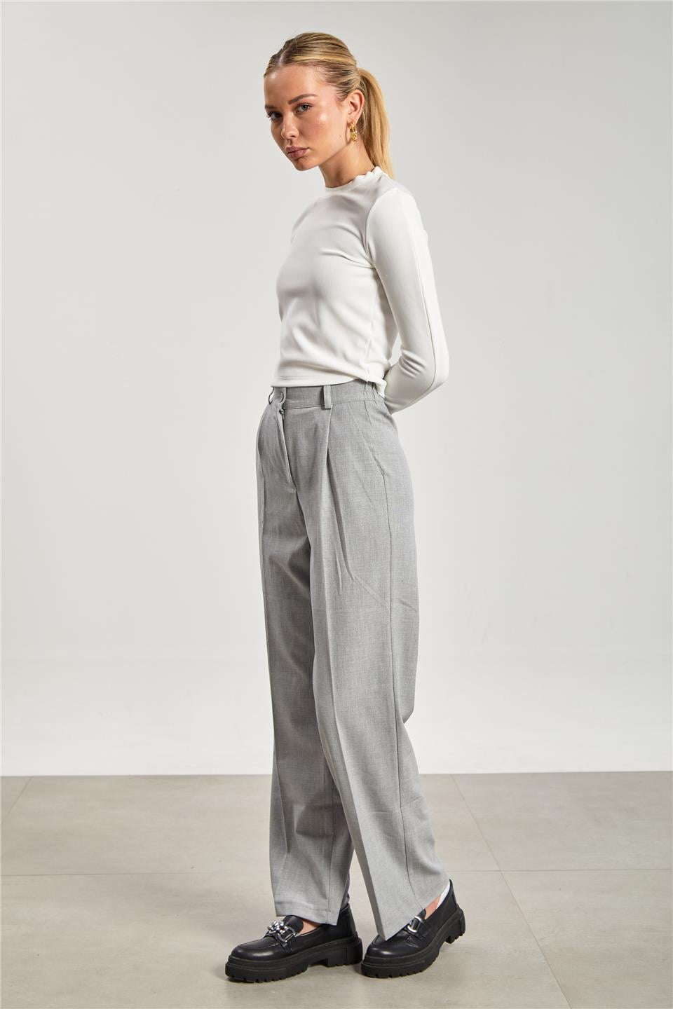 Kadın Beli Lastikli Palazzo Pantolon - Açık Gri