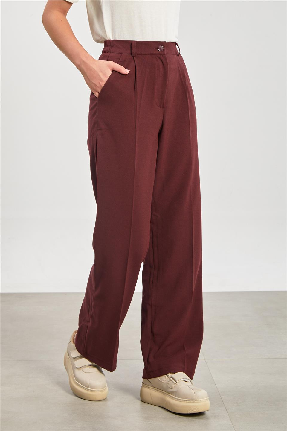 Kadın Beli Lastikli Palazzo Pantolon - Bordo