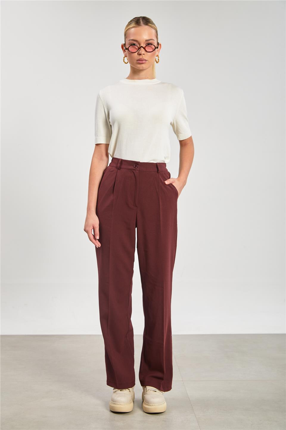 Kadın Beli Lastikli Palazzo Pantolon - Bordo