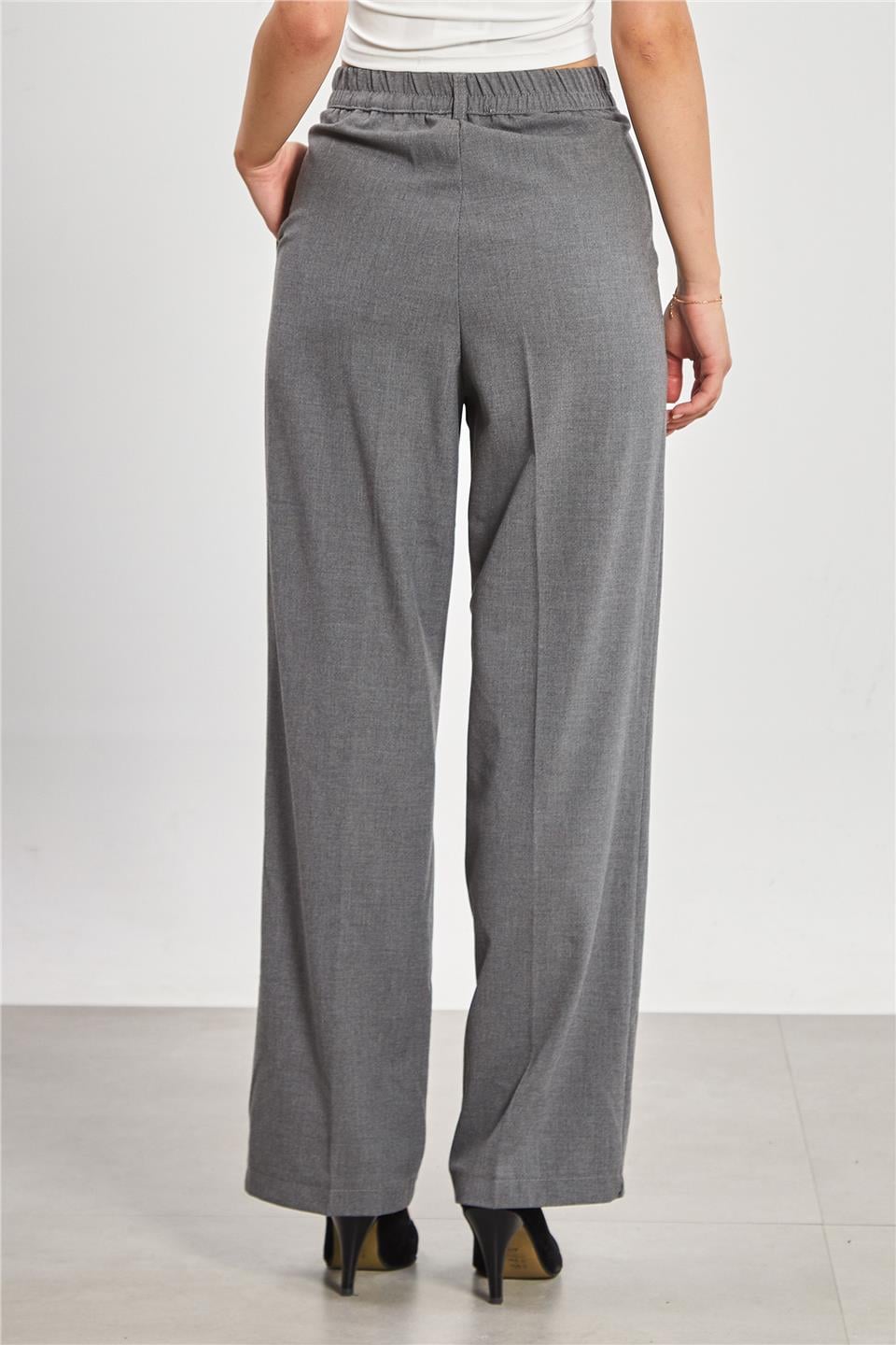 Kadın Beli Lastikli Palazzo Pantolon - Okul Gri