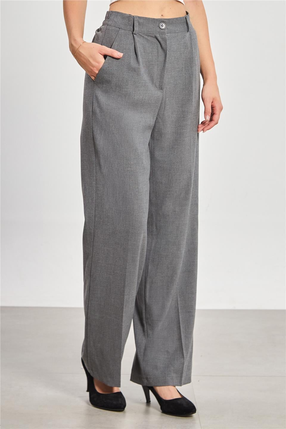 Kadın Beli Lastikli Palazzo Pantolon - Okul Gri