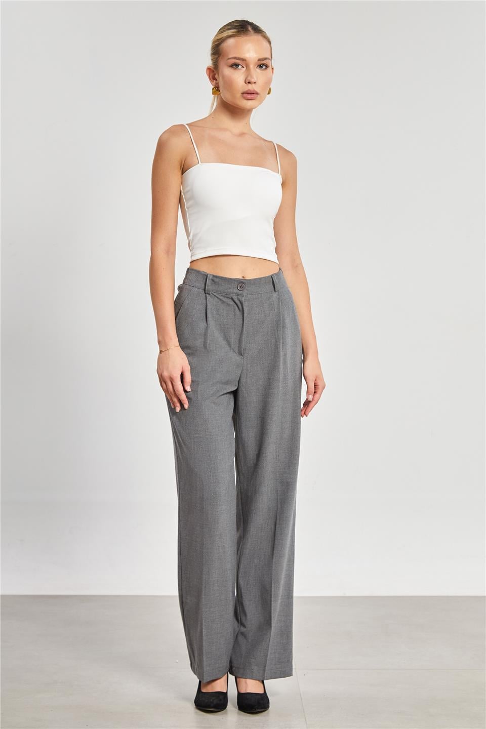 Kadın Beli Lastikli Palazzo Pantolon - Okul Gri