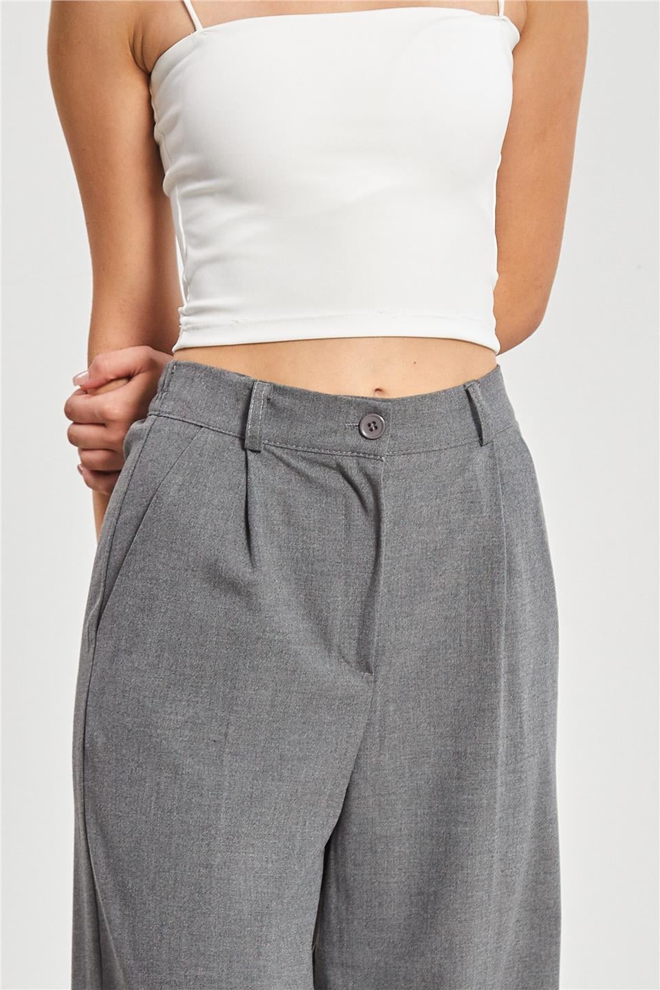Kadın Beli Lastikli Palazzo Pantolon - Okul Gri
