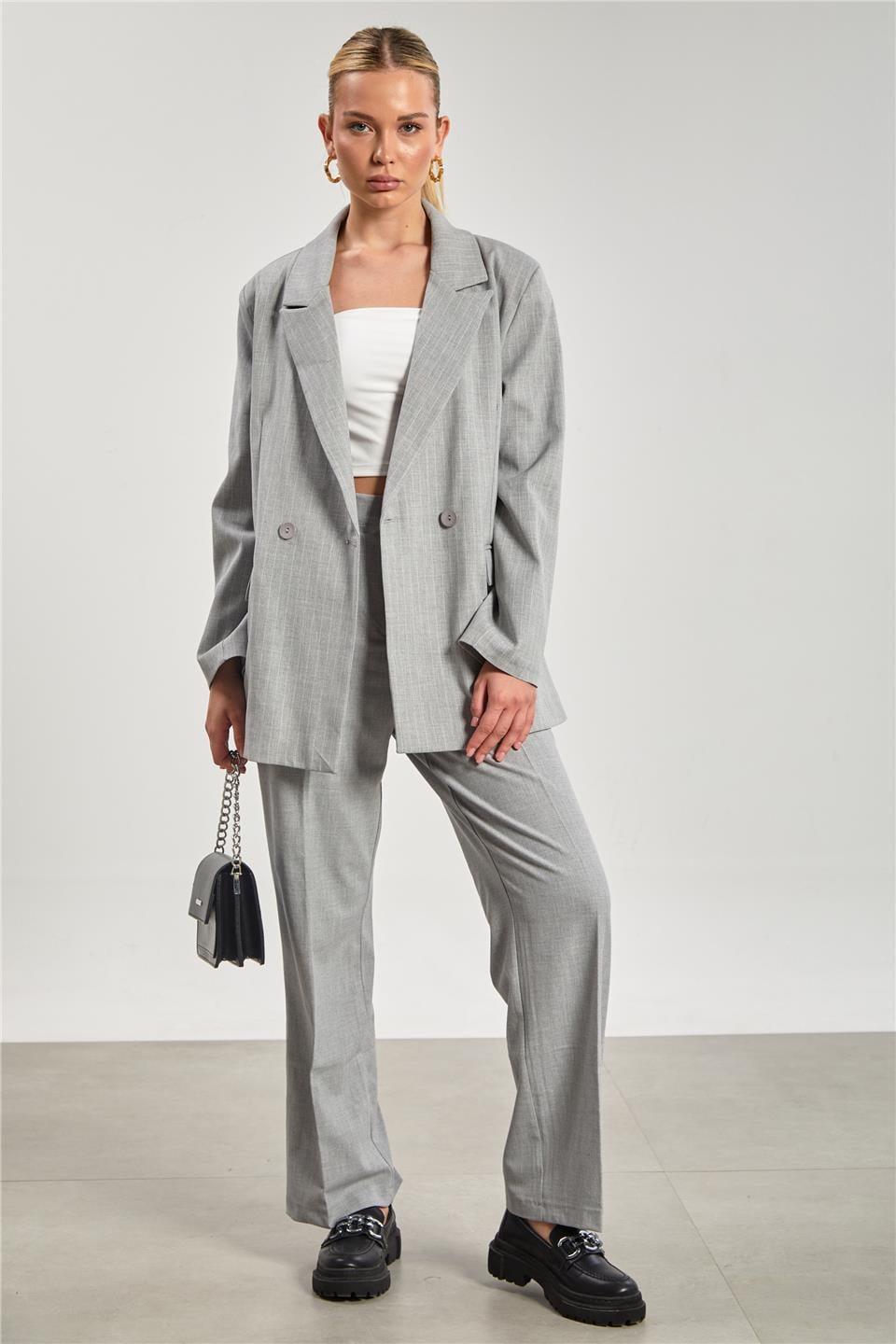 Kadın Cep Kapaklı Çizgili Blazer Ceket - Açık Gri
