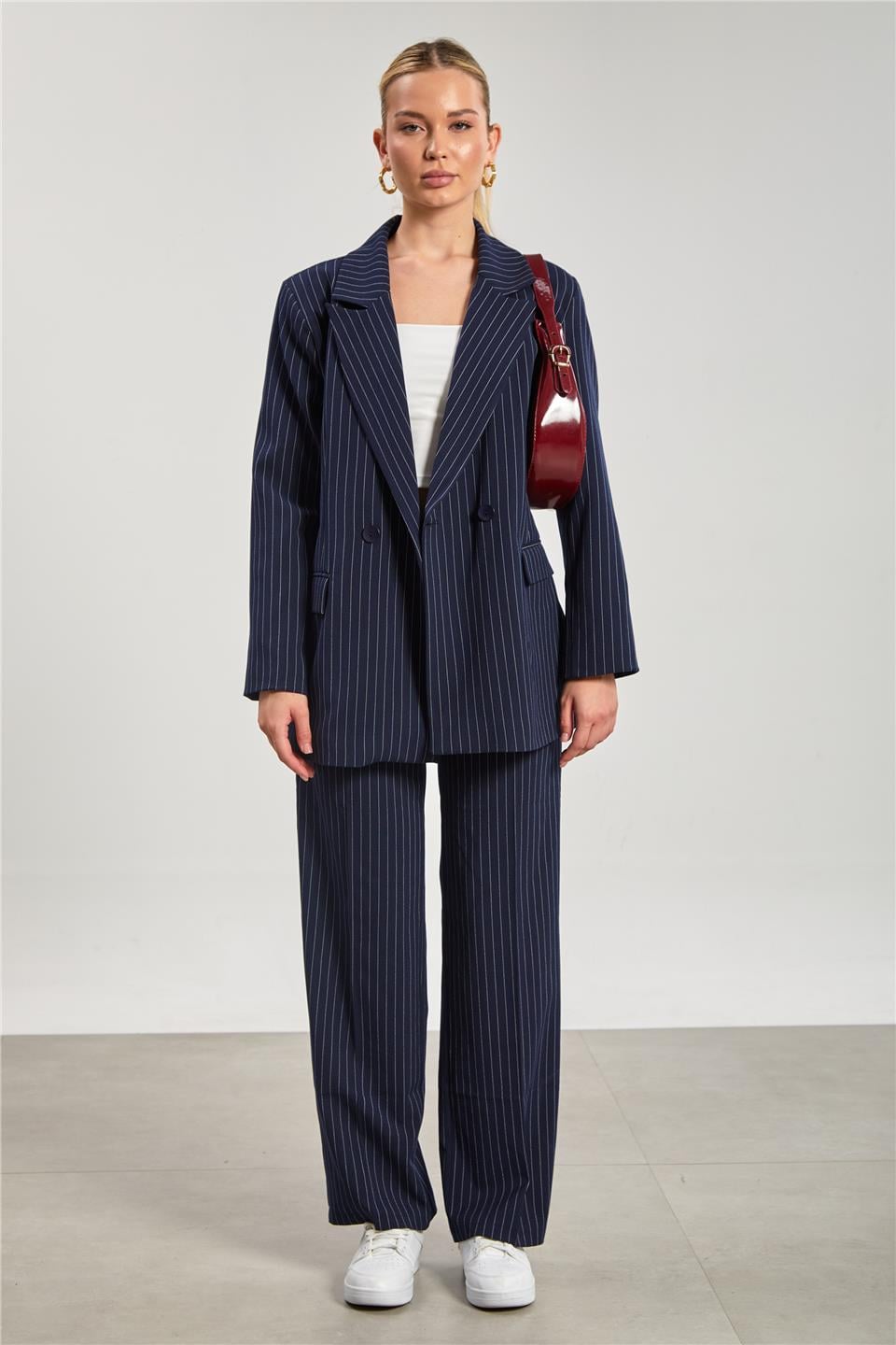 Kadın Cep Kapaklı Çizgili Blazer Ceket - Lacivert