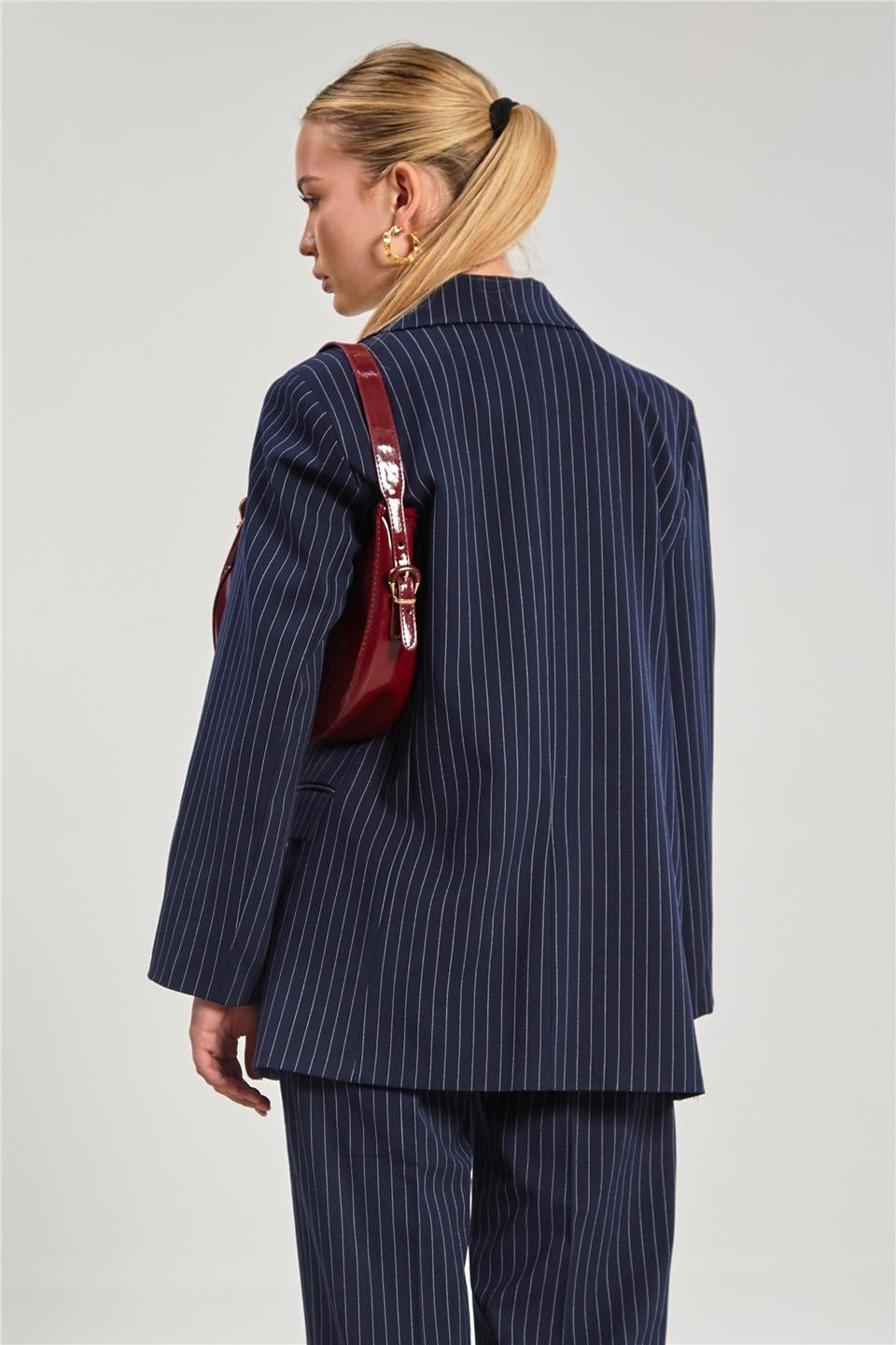 Kadın Cep Kapaklı Çizgili Blazer Ceket - Lacivert