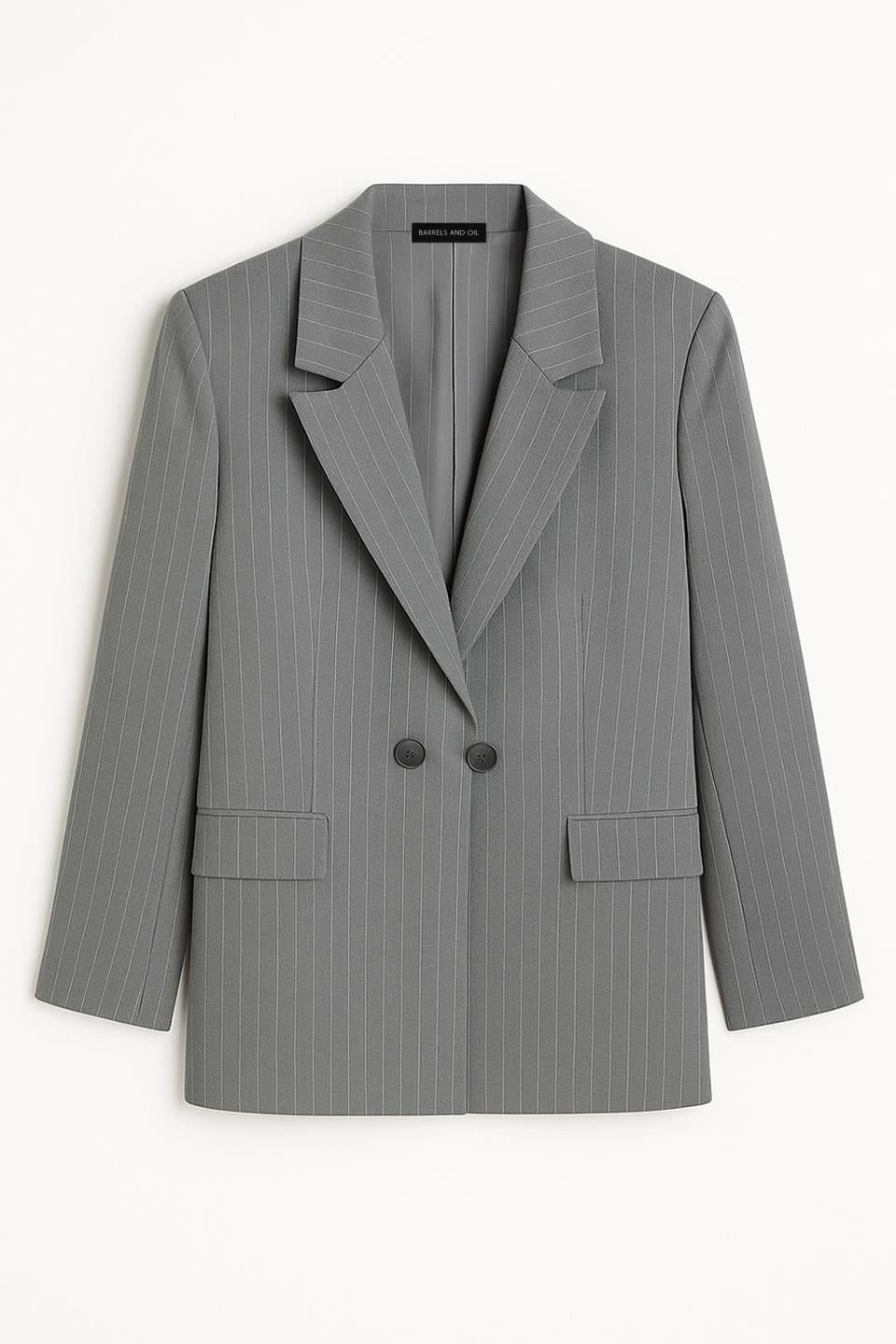 Kadın Cep Kapaklı Çizgili Blazer Ceket - Okul Gri