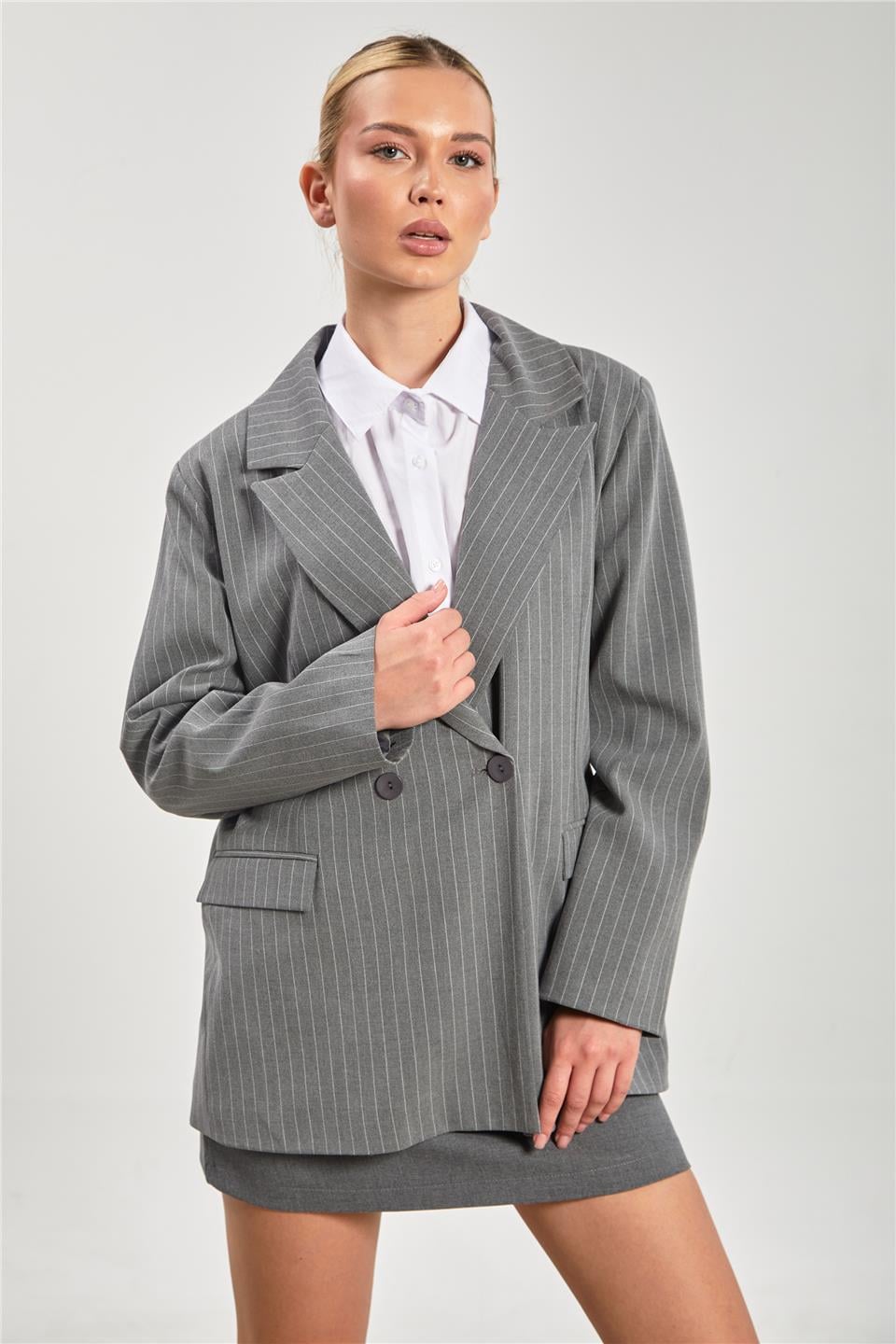 Kadın Cep Kapaklı Çizgili Blazer Ceket - Okul Gri