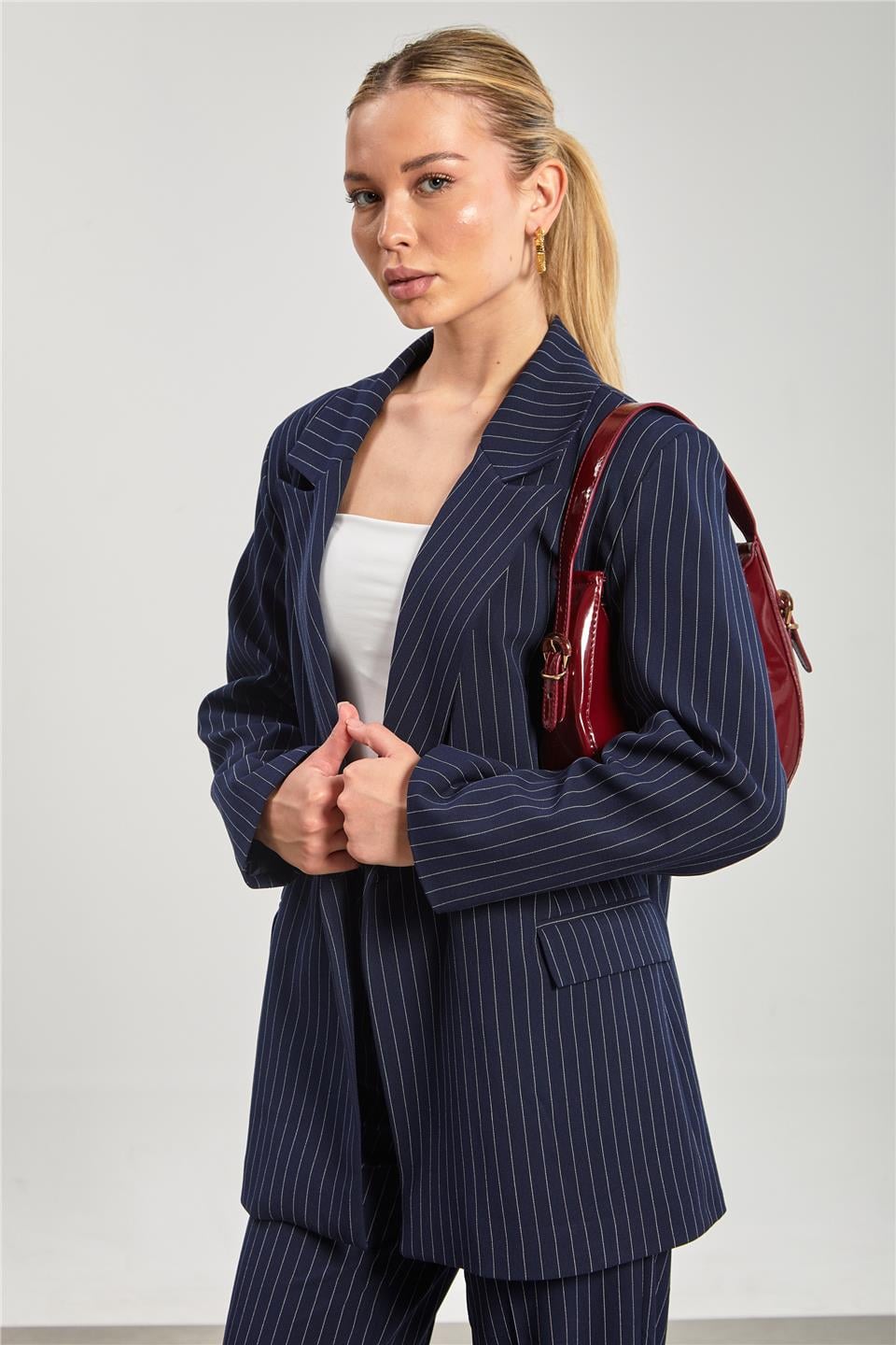 Kadın Cep Kapaklı Çizgili Blazer Ceket - Lacivert