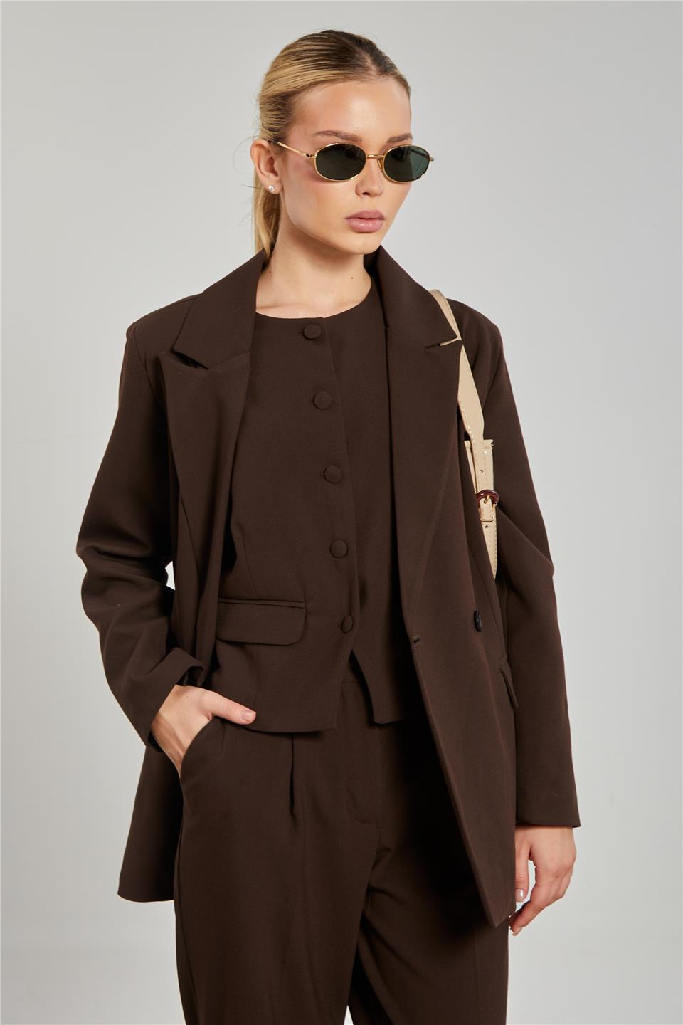 Kadın Çift Düğmeli Blazer Ceket - Kahve
