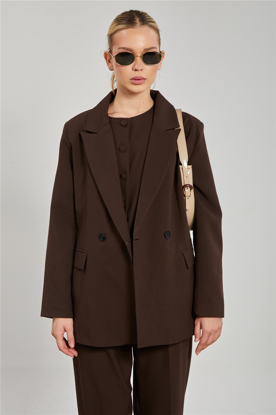 Kadın Çift Düğmeli Blazer Ceket - Kahve
