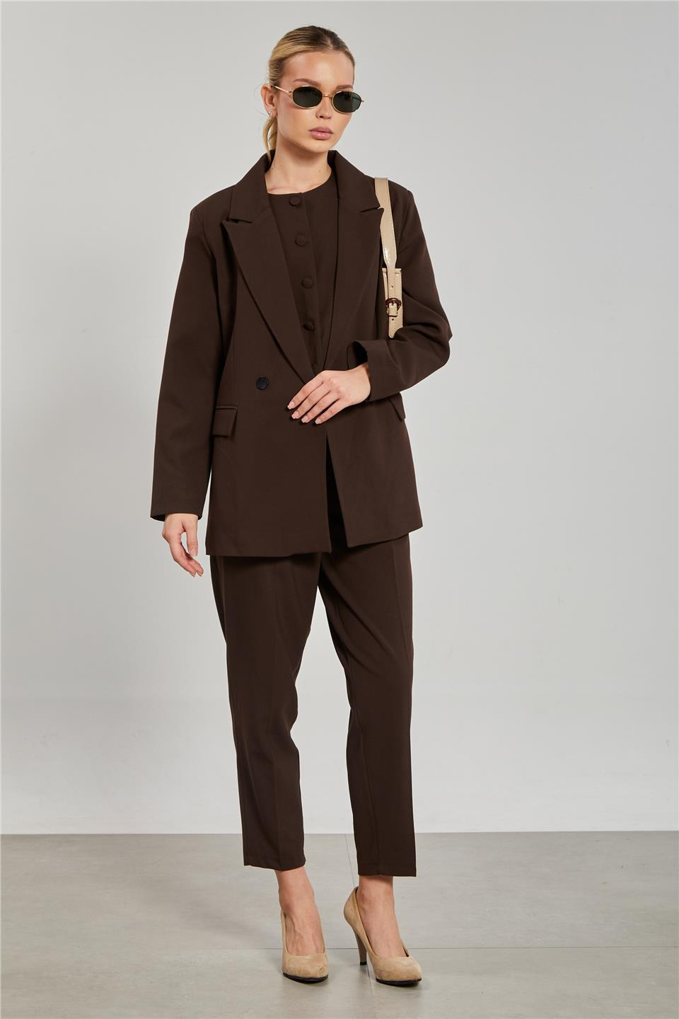 Kadın Çift Düğmeli Blazer Ceket - Kahve