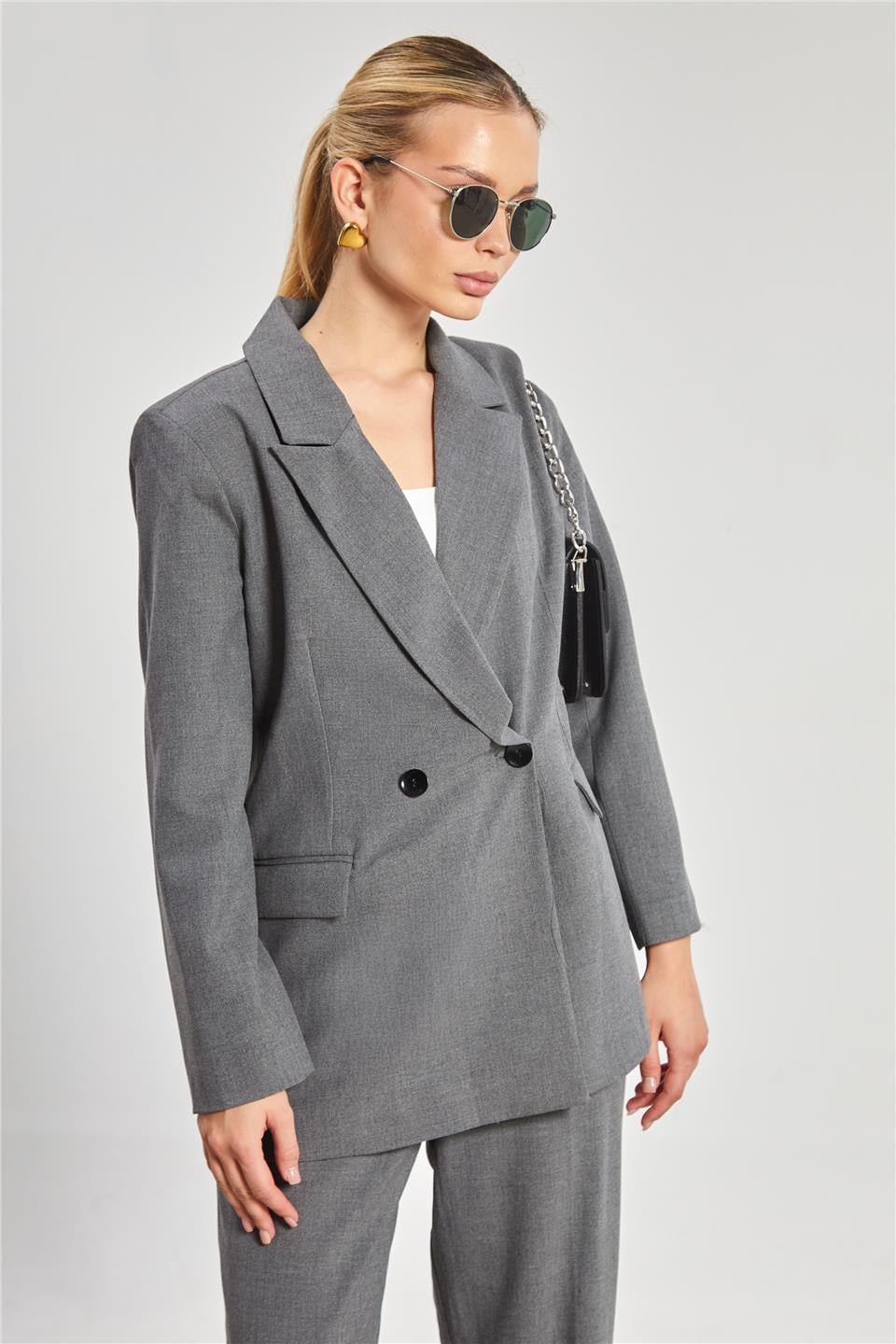 Kadın Çift Düğmeli Blazer Ceket - Okul Gri
