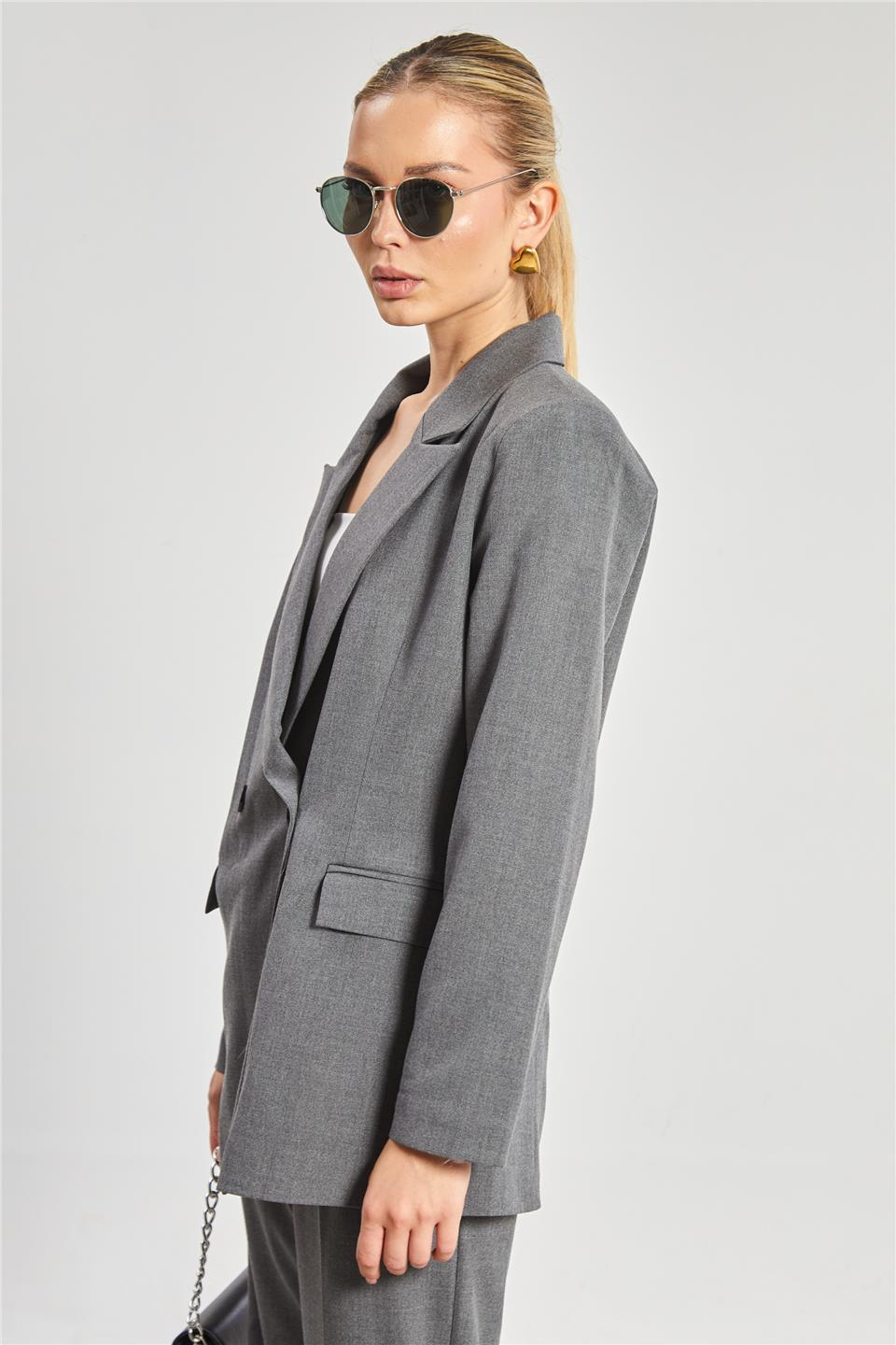 Kadın Çift Düğmeli Blazer Ceket - Okul Gri
