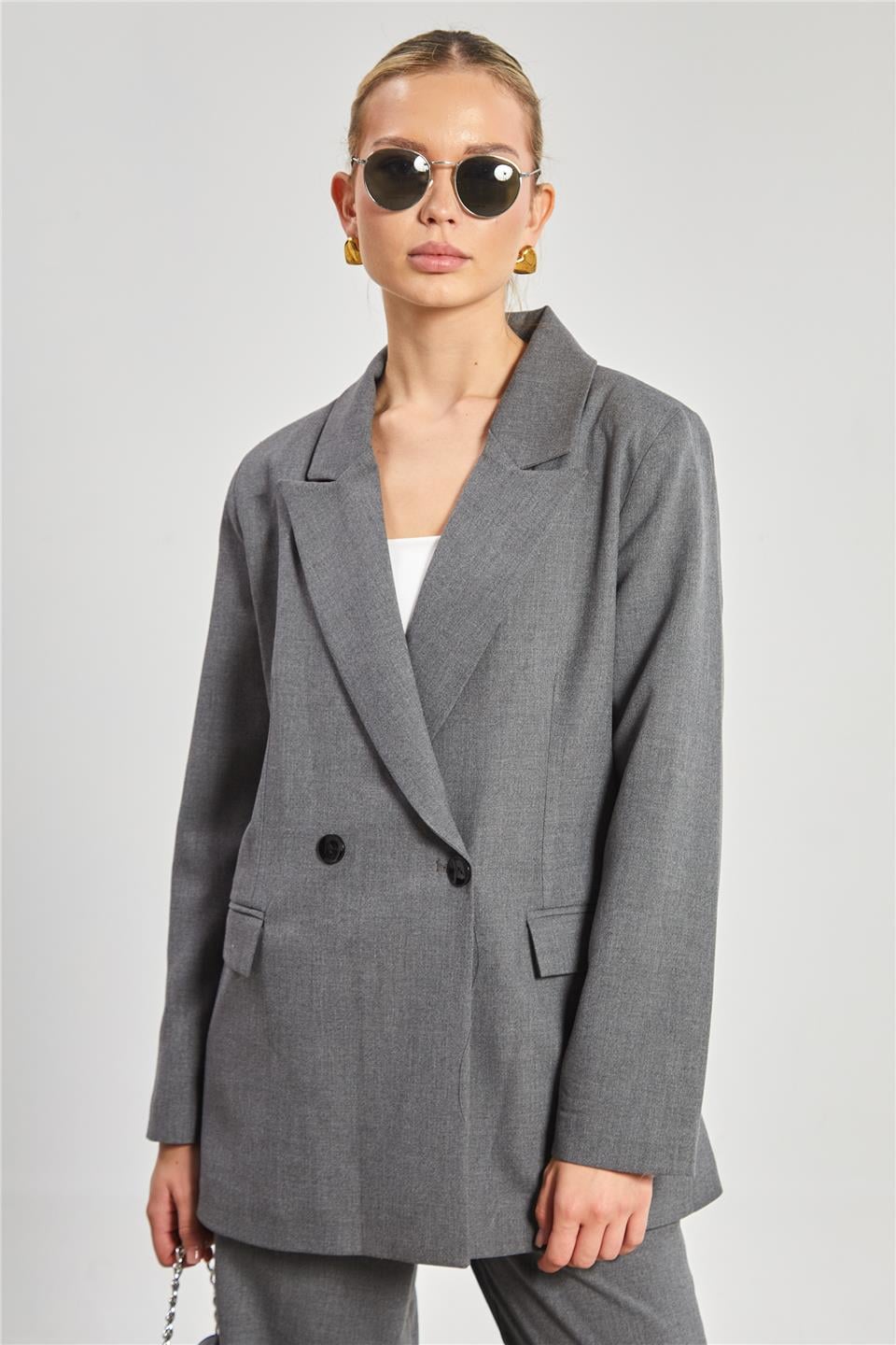 Kadın Çift Düğmeli Blazer Ceket - Okul Gri
