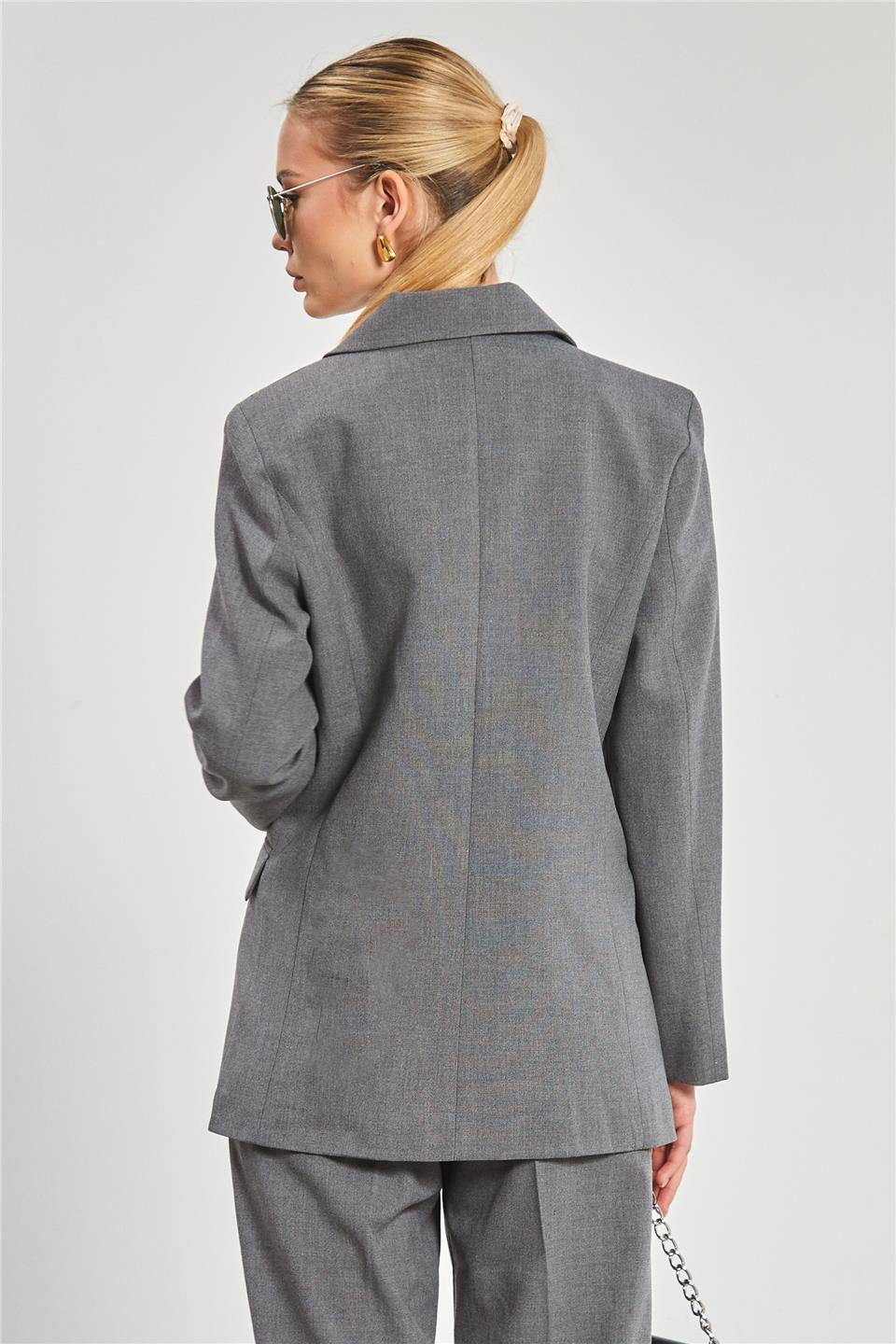 Kadın Çift Düğmeli Blazer Ceket - Okul Gri