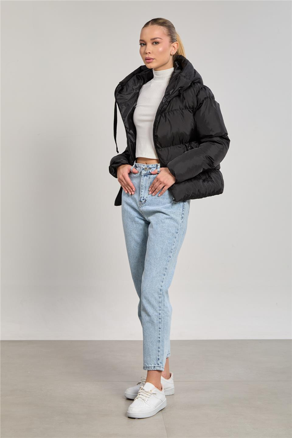 Kadın Kapüşonlu Şişme Mont - Siyah