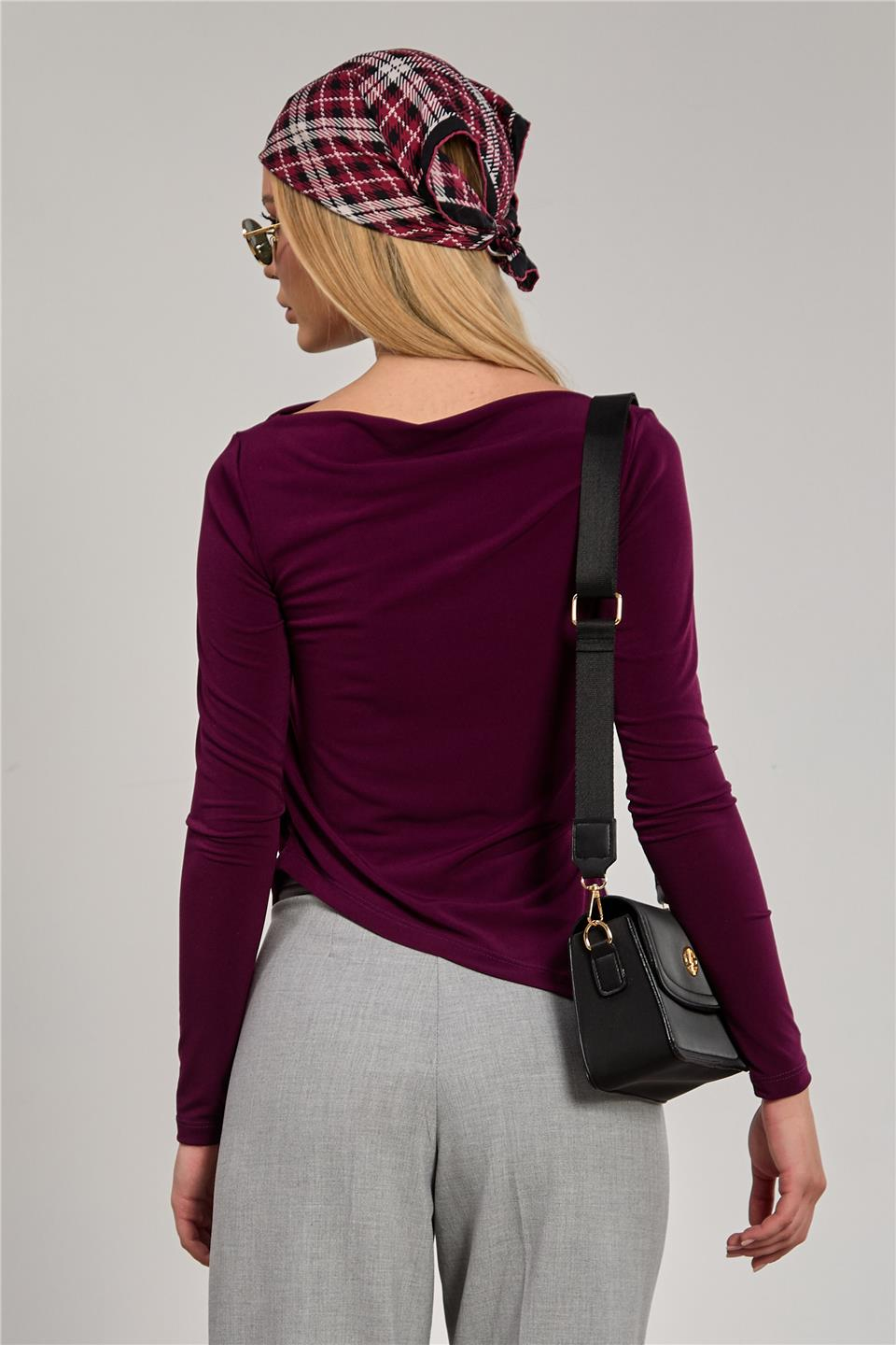 Kadın Kayık Yaka Uzun Kollu Body - Mürdüm