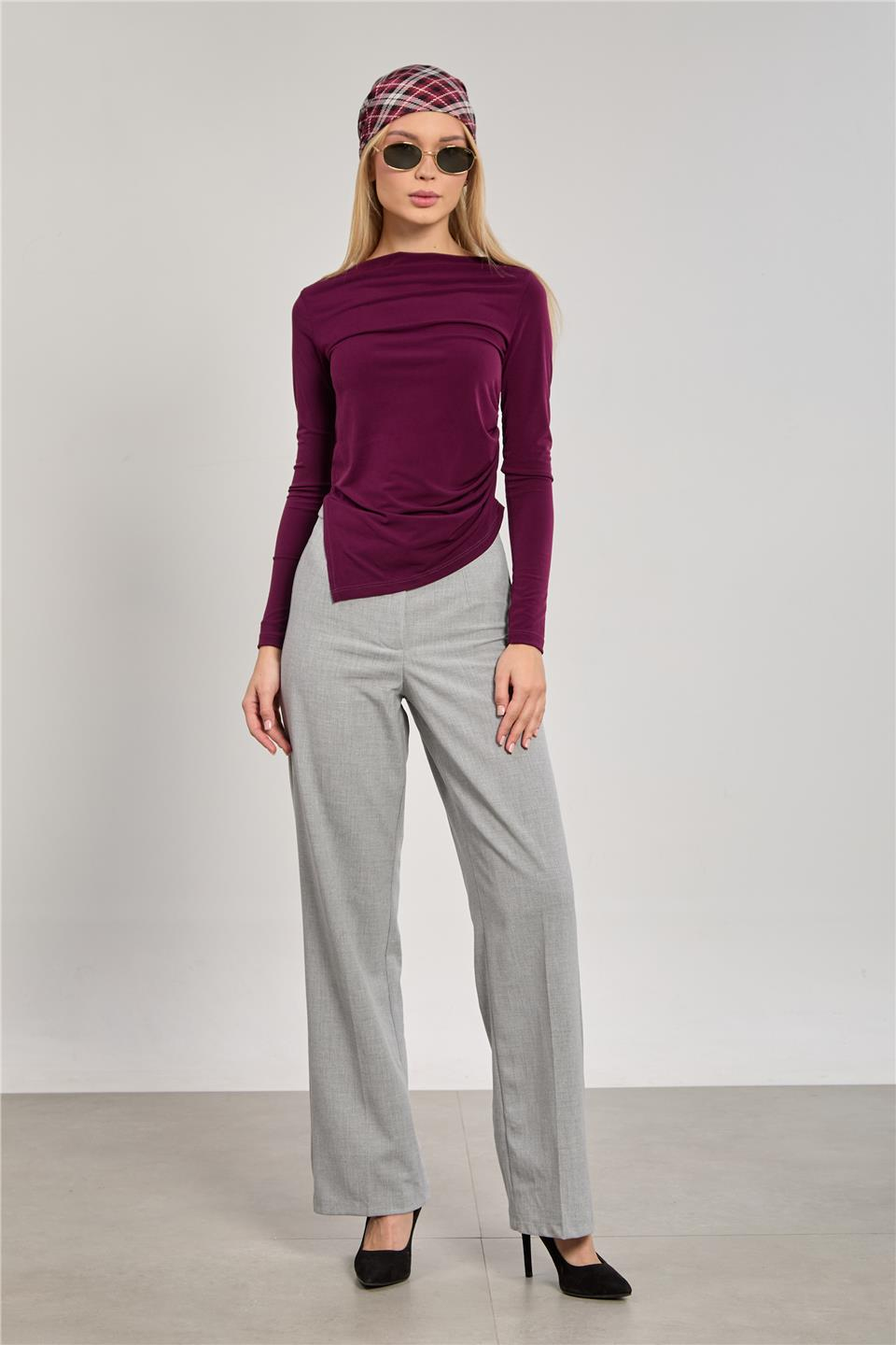 Kadın Kayık Yaka Uzun Kollu Body - Mürdüm