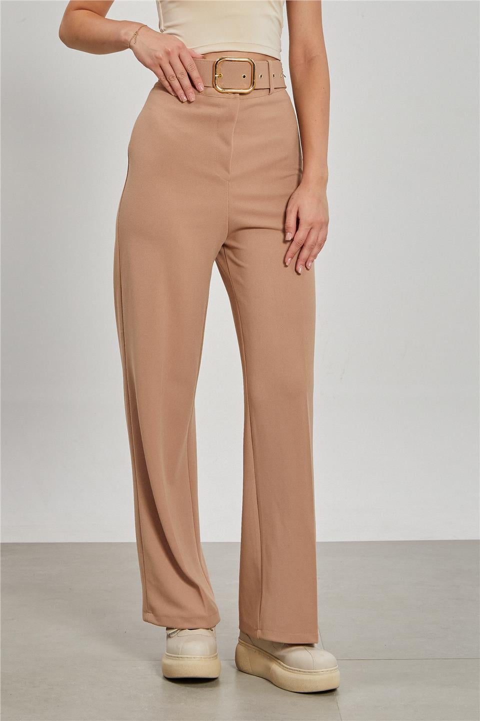 Kadın Kemerli Bol Paça Kumaş Pantolon - Taş