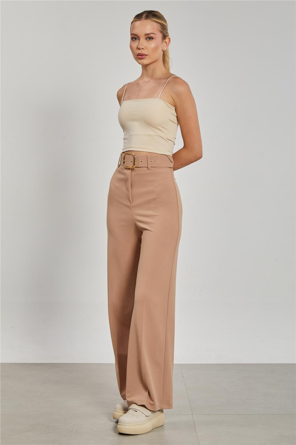 Kadın Kemerli Bol Paça Kumaş Pantolon - Taş