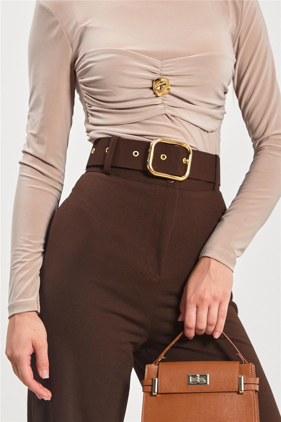 Kadın Kemerli Bol Paça Kumaş Pantolon - Kahve