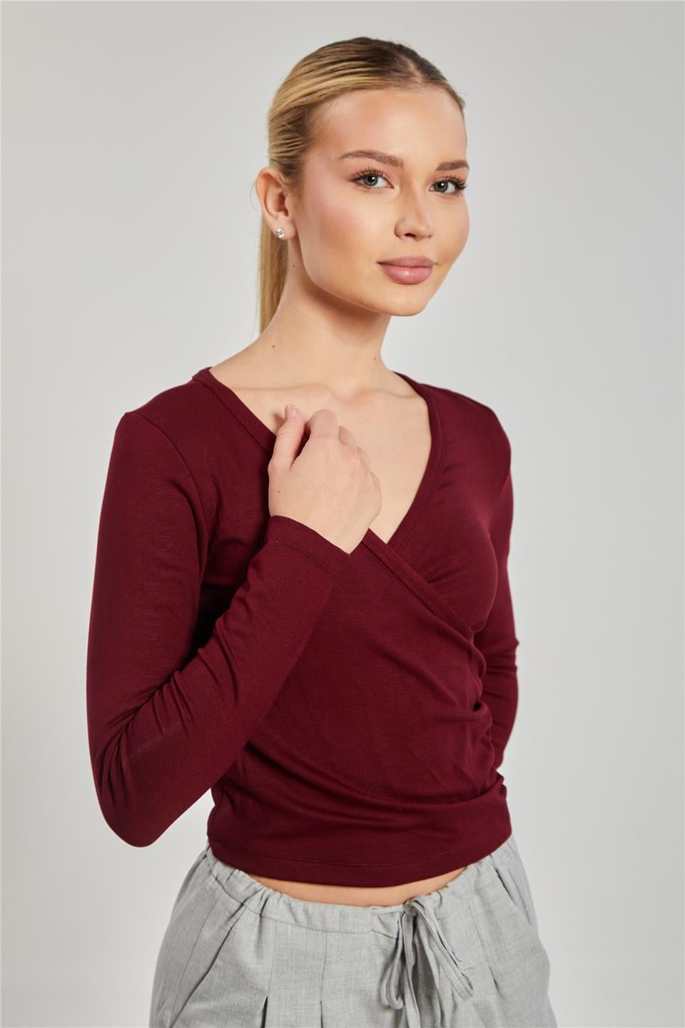 Kadın Kruvaze Yaka Uzun Kol Body - Bordo