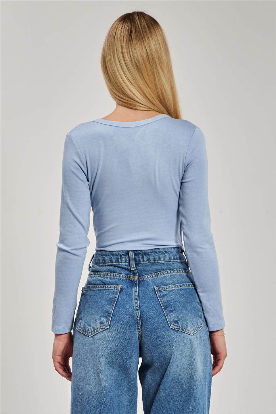 Kadın Kruvaze Yaka Uzun Kol Body - Mavi