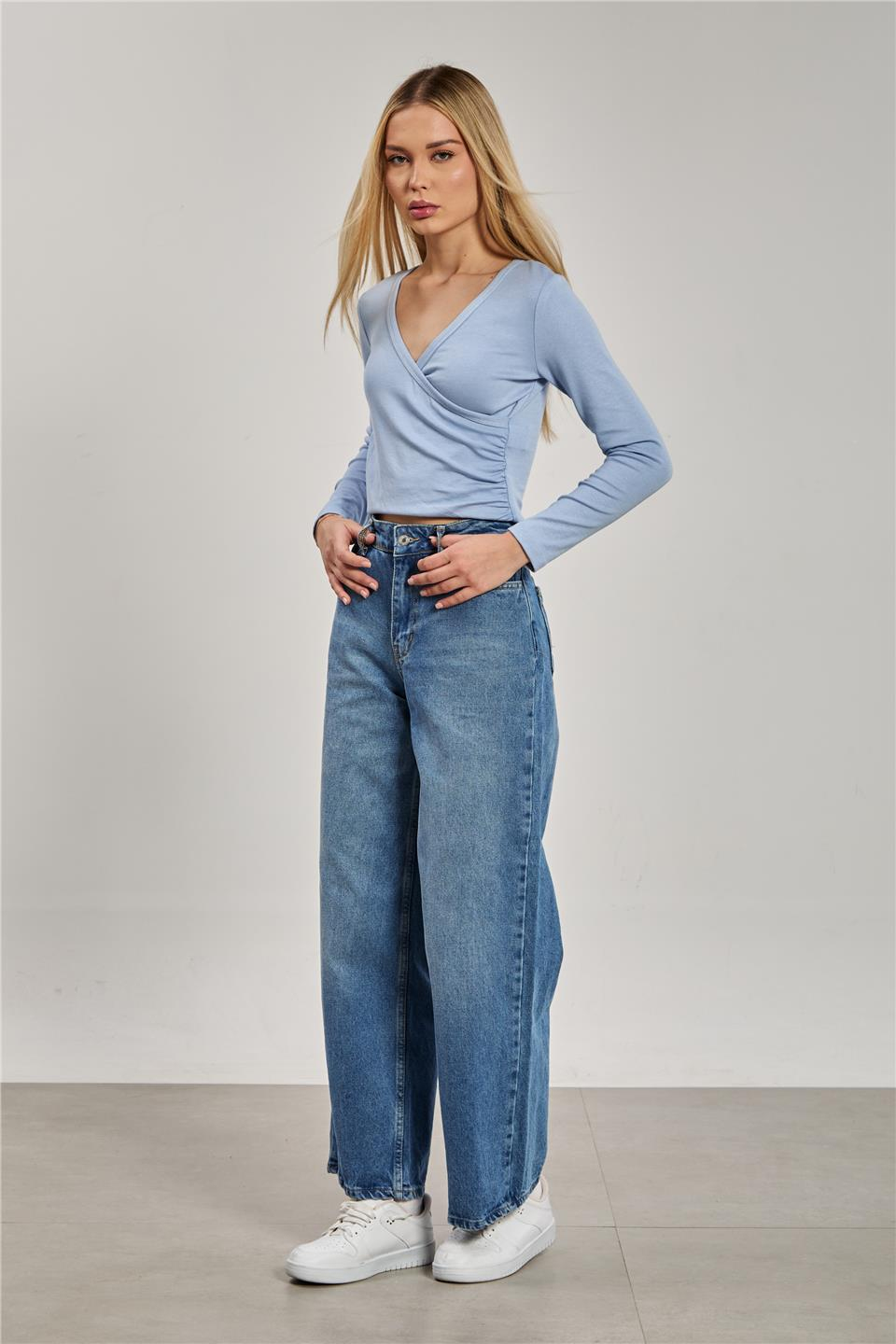 Kadın Kruvaze Yaka Uzun Kol Body - Mavi