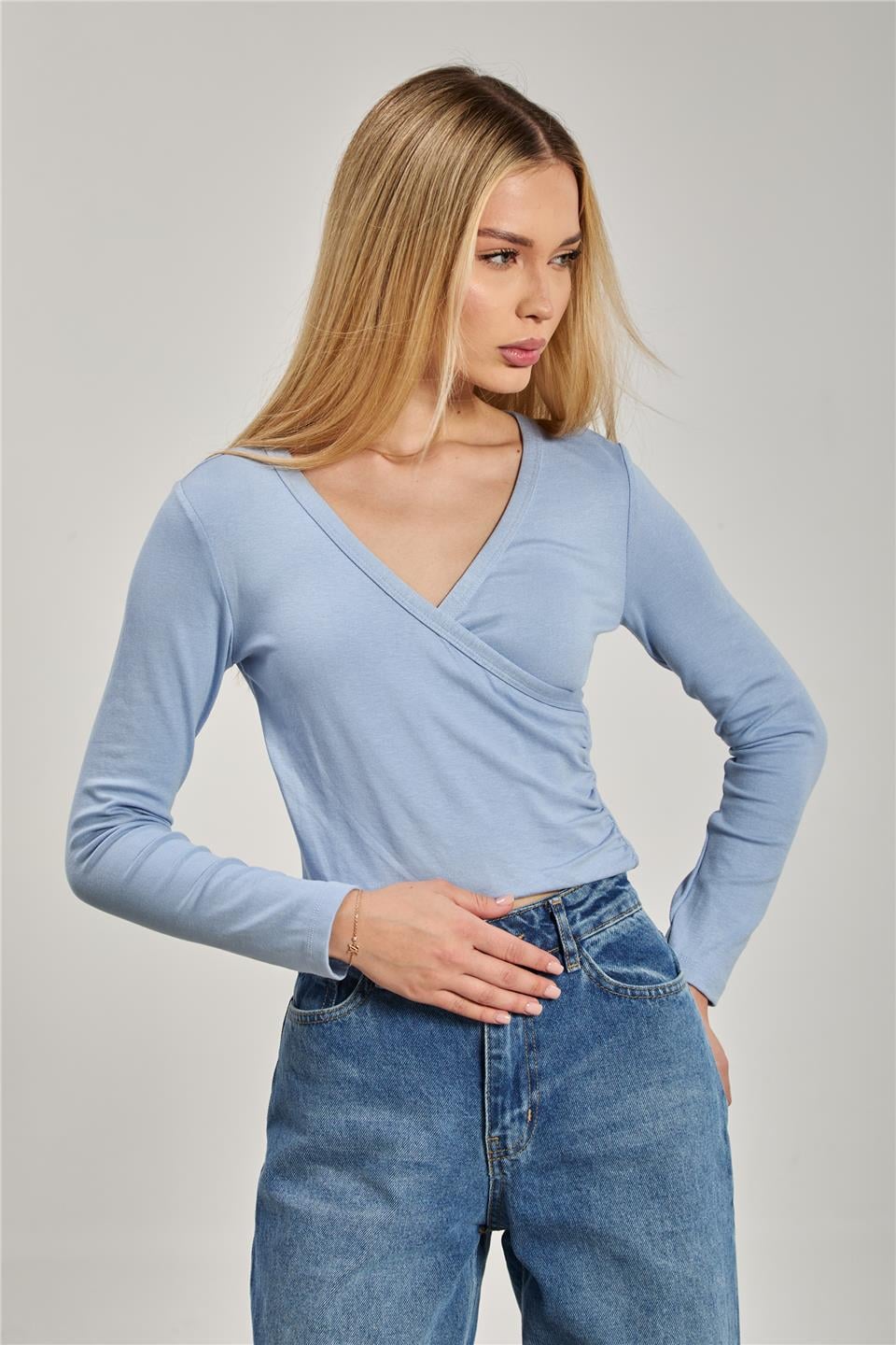 Kadın Kruvaze Yaka Uzun Kol Body - Mavi