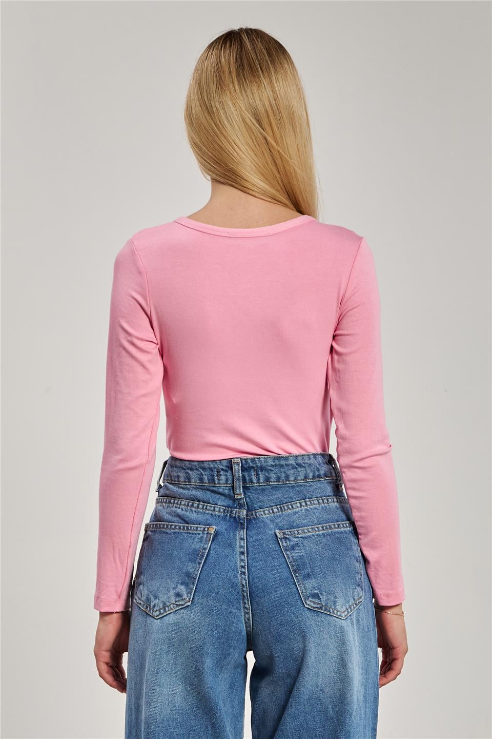 Kadın Kruvaze Yaka Uzun Kol Body - Pembe
