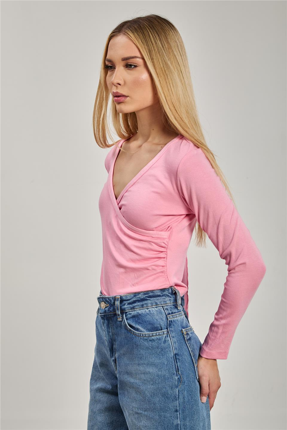 Kadın Kruvaze Yaka Uzun Kol Body - Pembe