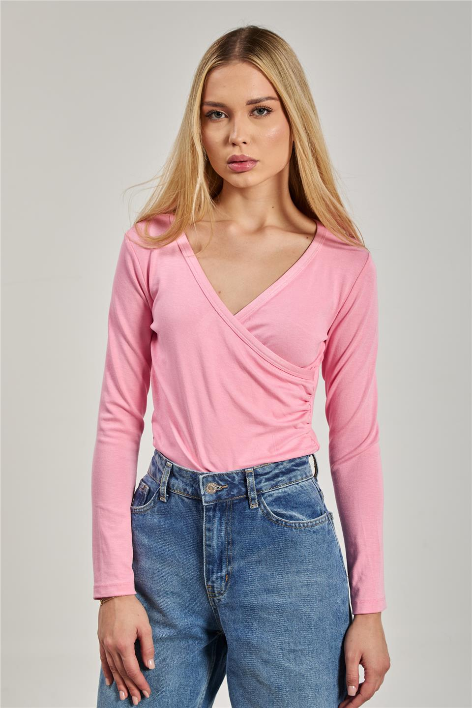 Kadın Kruvaze Yaka Uzun Kol Body - Pembe