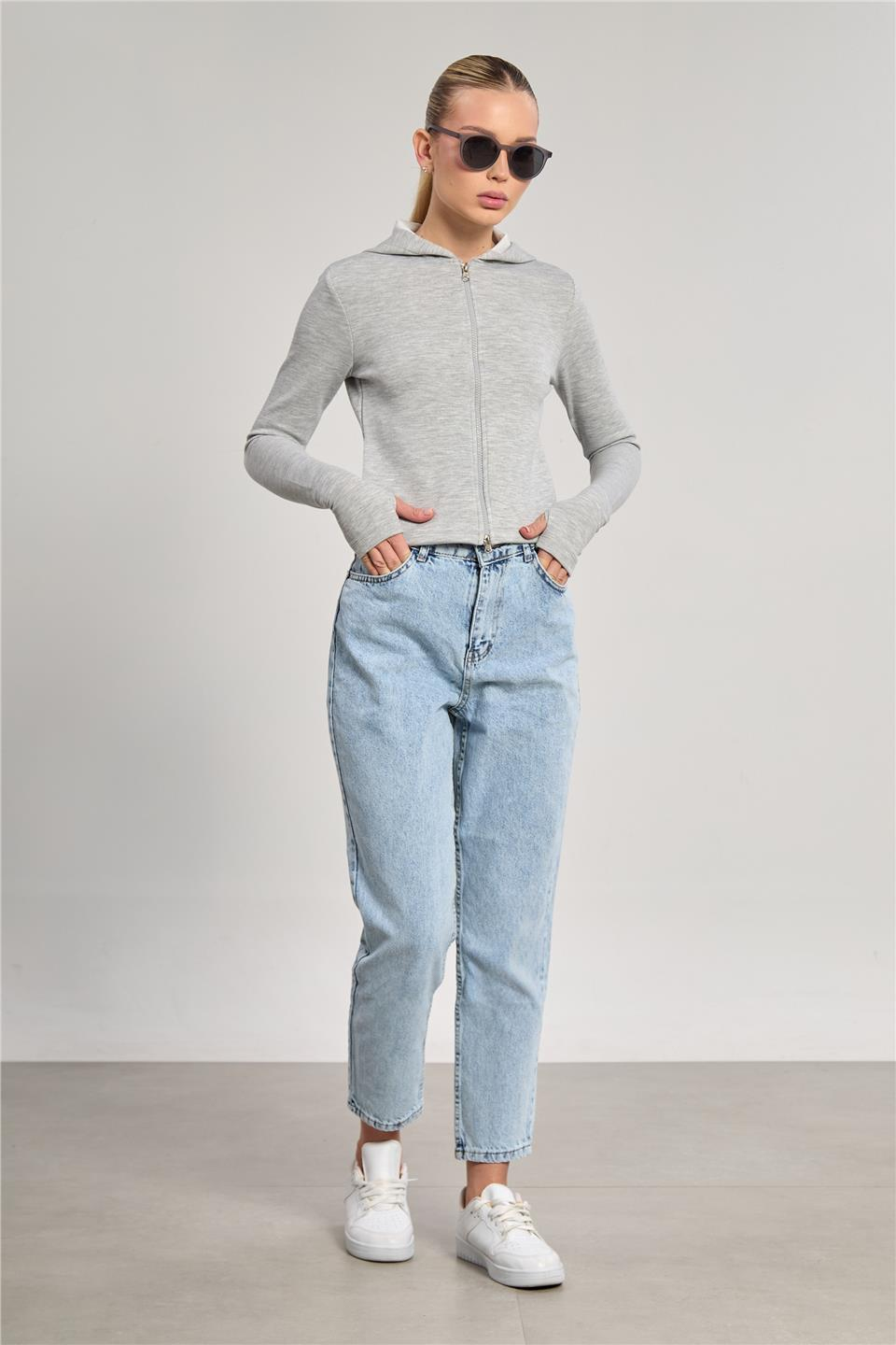 Kadın Parmak Geçmeli Fermuarlı Sweatshirt - Kar Melanj