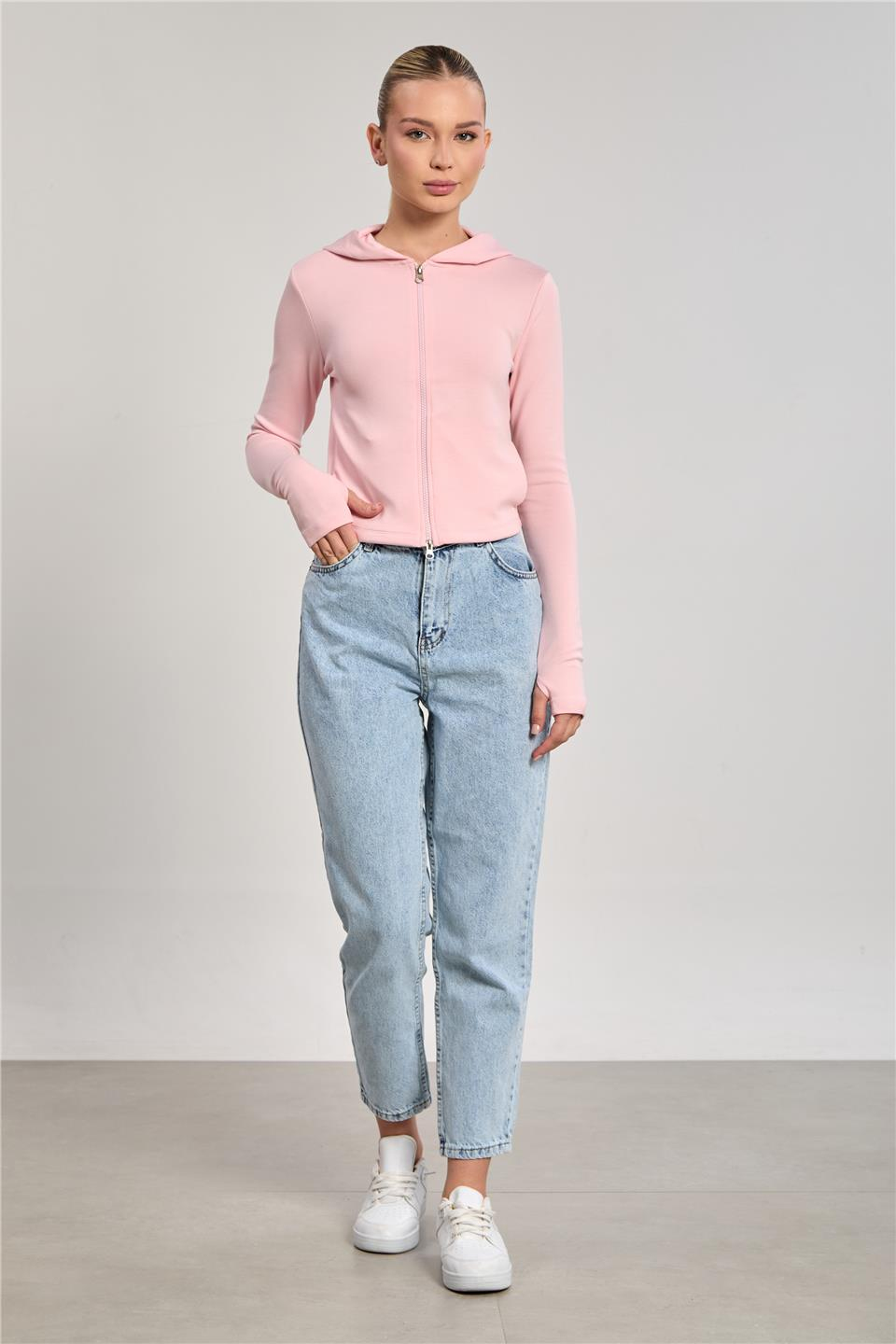 Kadın Parmak Geçmeli Fermuarlı Sweatshirt - Toz Pembe